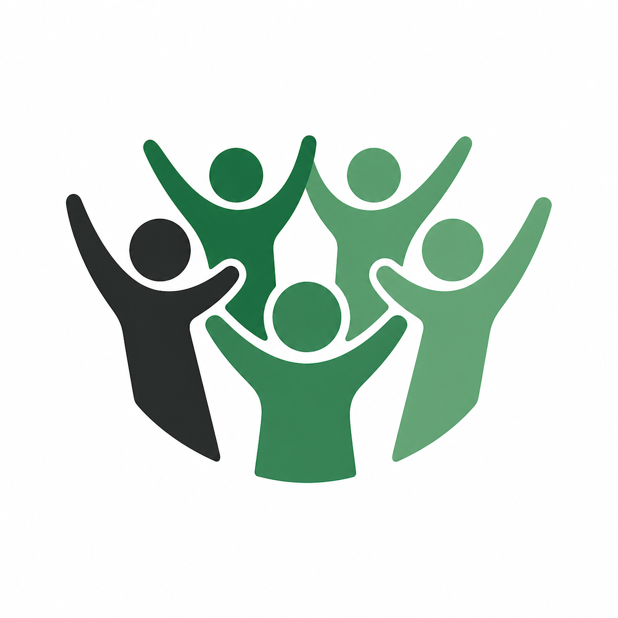 Illustration de quatre silhouettes de personnes avec des bras levés, formant une sorte de cercle, dans différentes nuances de vert et noir, symbolisant la diversité et la communauté.