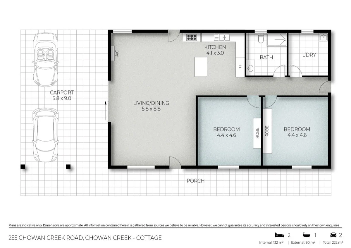 Floor plan of a cottage with two bedrooms, a living/dining area, kitchen, bath, laundry, porch, and carport.