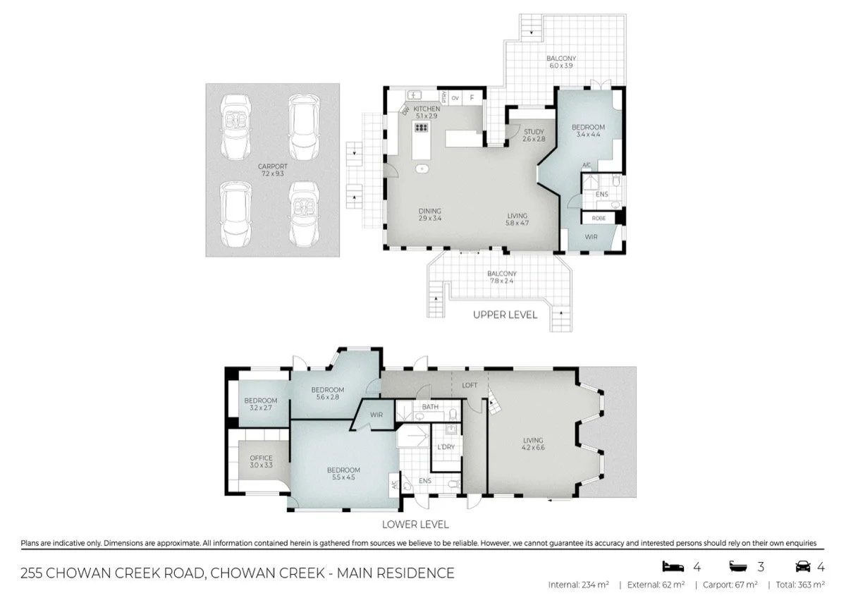 Floor plan of a two-story house with labeled rooms including bedrooms, bathrooms, living areas, kitchen, dining room, study, balconies, laundry, and garage, with dimensions in meters.