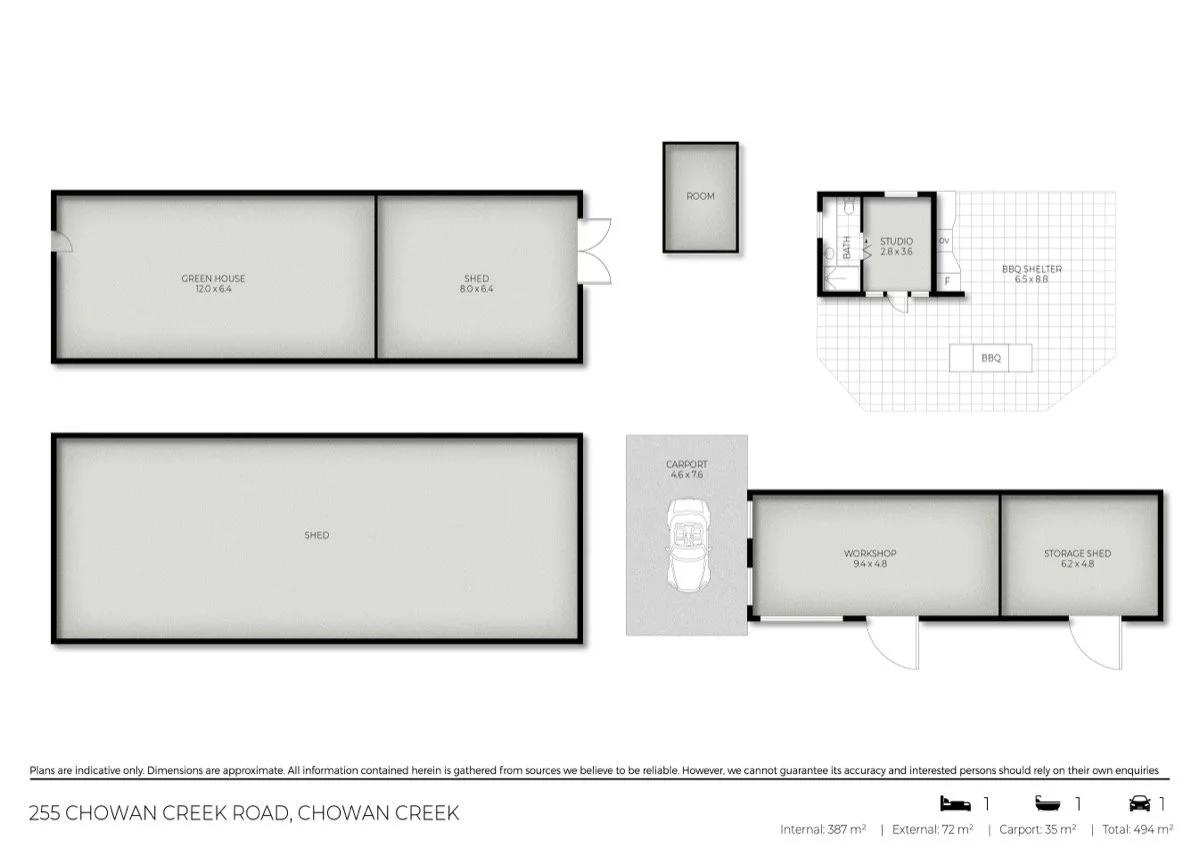 A detailed property layout plan showing multiple structures including a green house, sheds, a studio, a BBQ shelter, workshop, and storage shed, along with a carport at 255 Chowan Creek Road in Chowan Creek.
