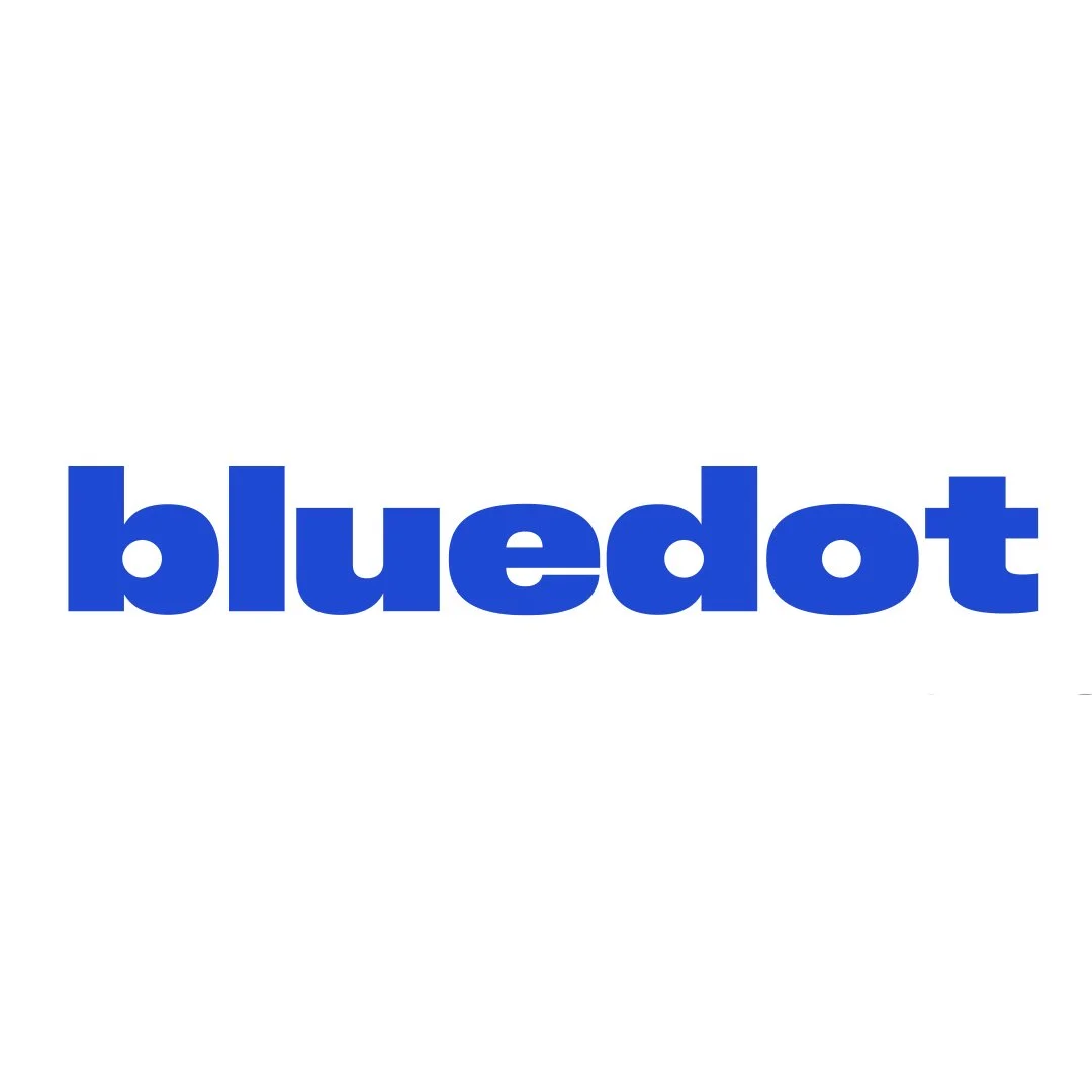 Blue dot logo with the word 'bluedot' in bold lowercase blue letters on a white background.