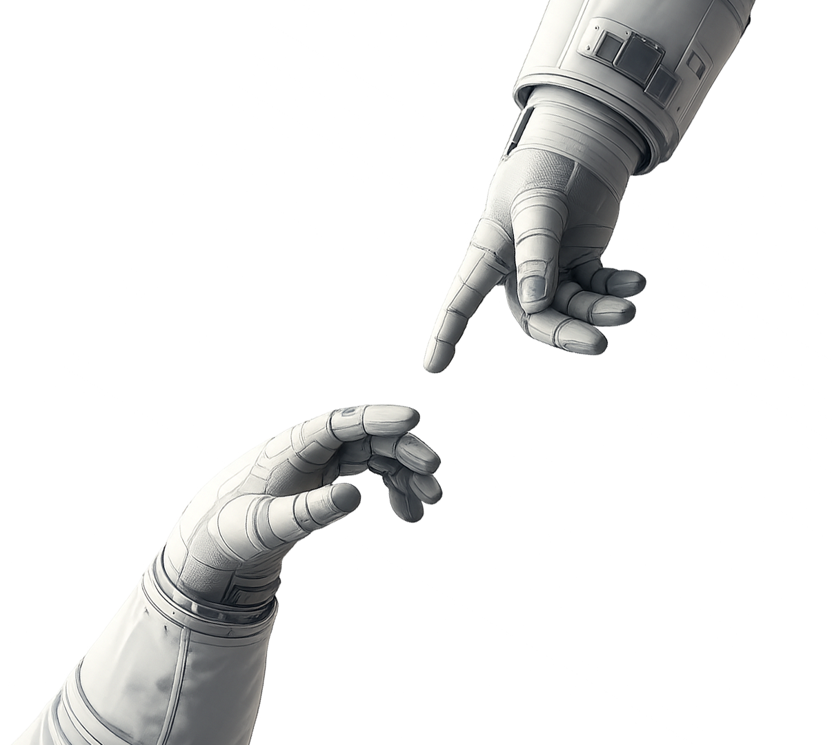 Two robotic hands, one on the top right and one on the bottom left, reaching towards each other with index fingers nearly touching, symbolizing connection and creation.