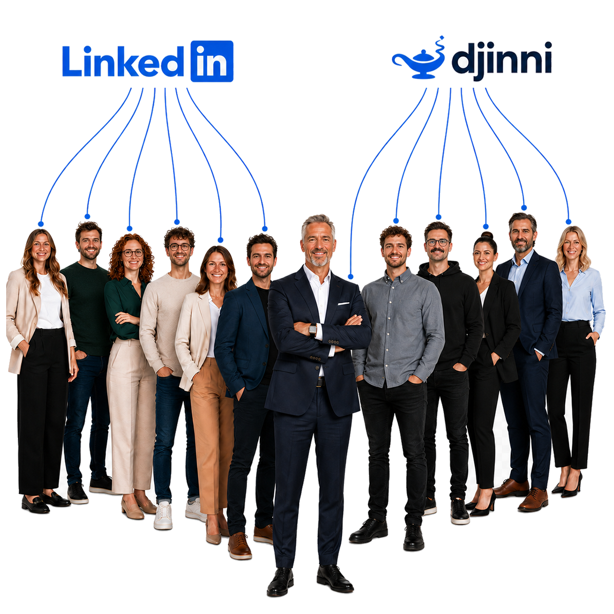 A diverse group of business people standing together, smiling, with a digital network graphic of LinkedIn and djinni logos above them.