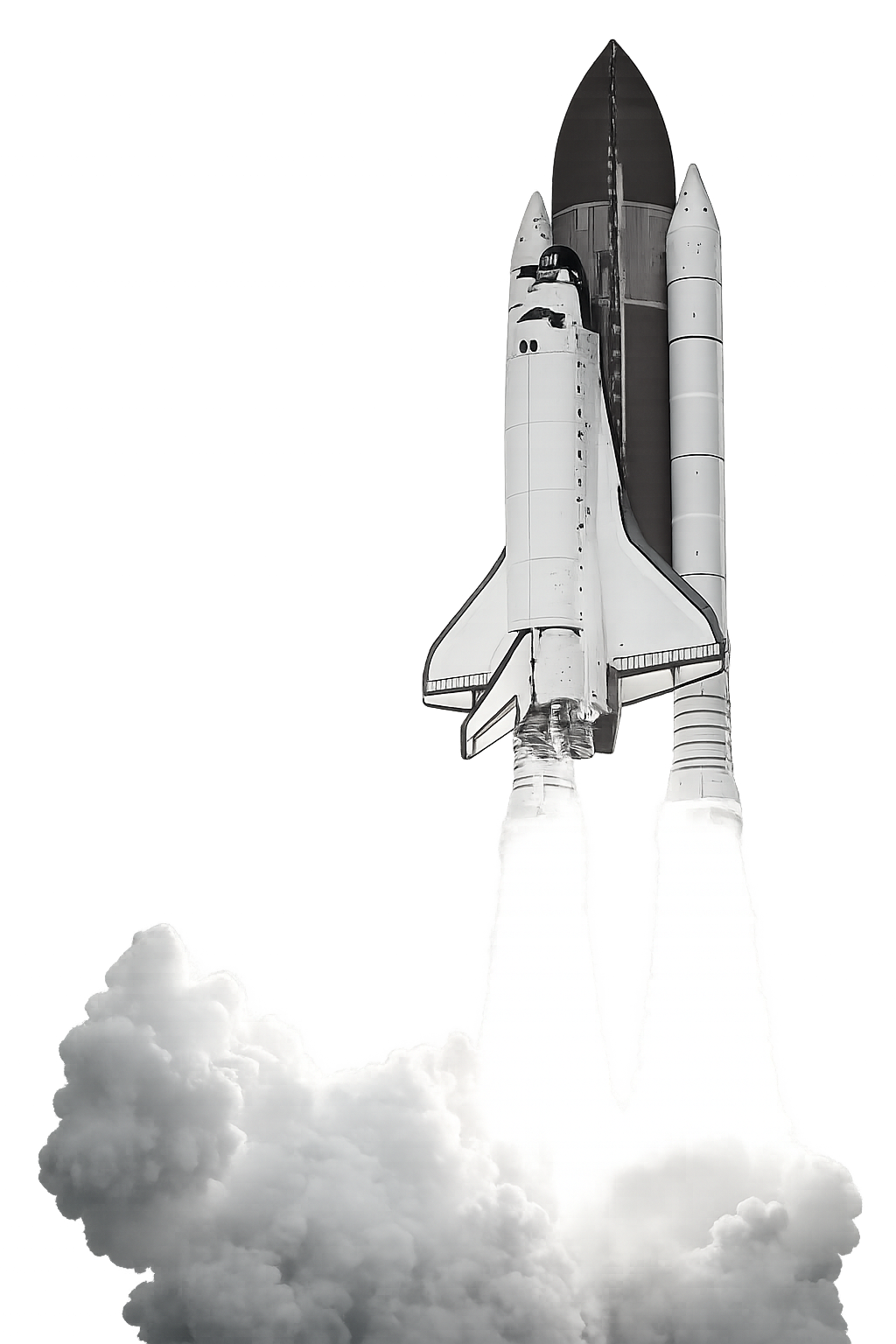 A space shuttle launching with flames and smoke, against a digital, neon-colored background.