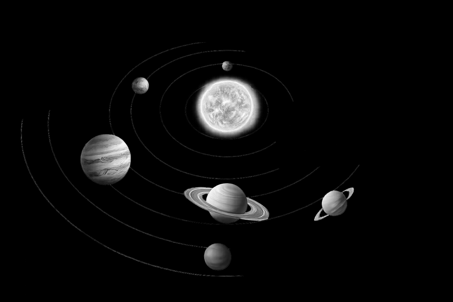 Illustration of the solar system with the sun at the center and planets orbiting around it, depicted in grayscale against a black background.