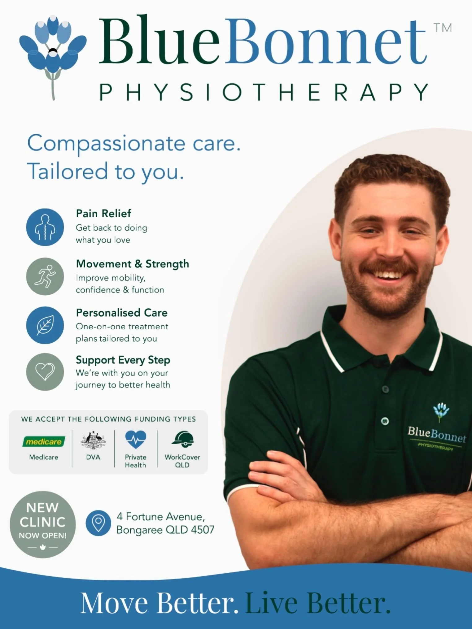 Hi, I&rsquo;m Ben, Physiotherapist and founder of BlueBonnet Physio.

After almost five years in private practice, I&rsquo;m excited to welcome you to my own clinic in the Bribie Island Health Hub at 4 Fortune Avenue, Bongaree.

The name BlueBonnet P