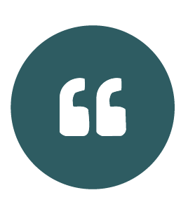 A dark teal circle with white quotation marks in the center.