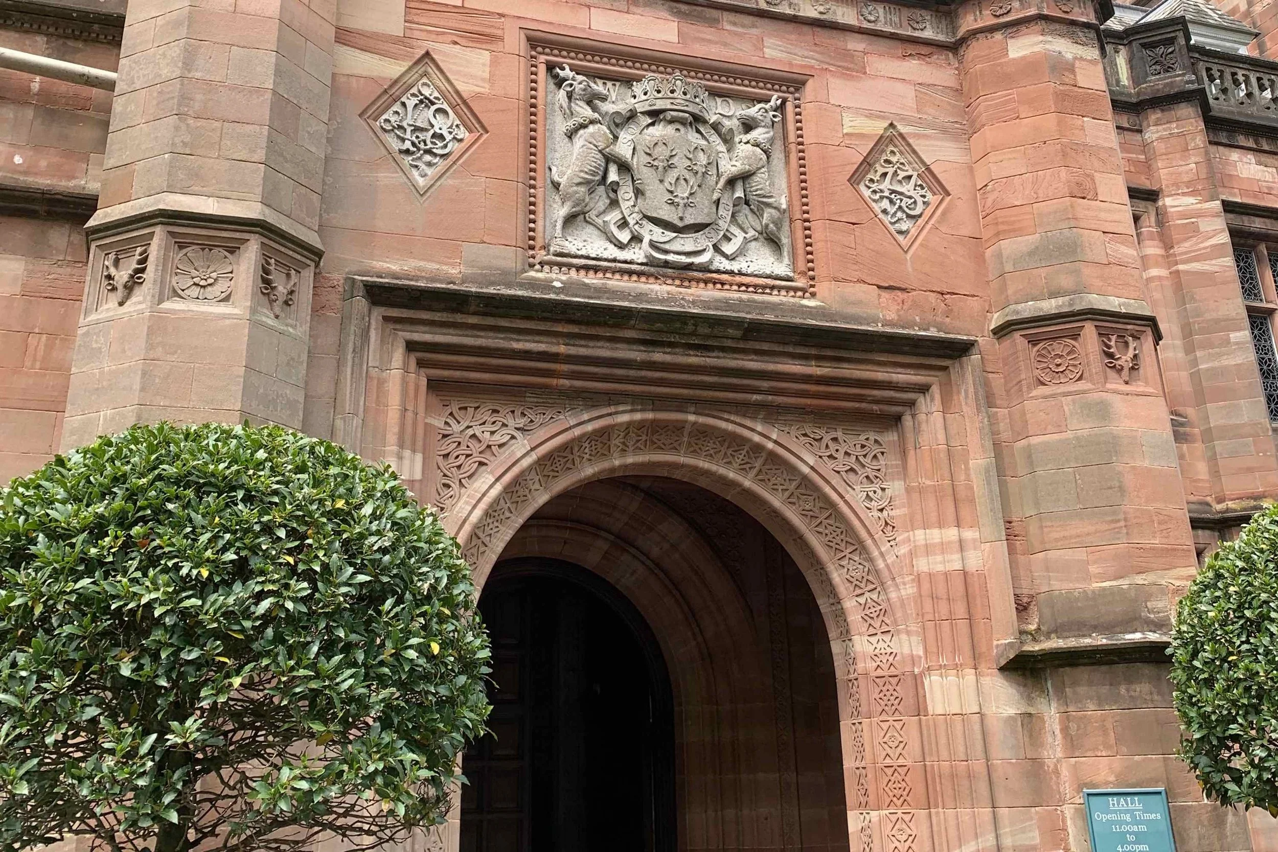 Entrance to Holker Hall with the Devonshire coat-of-arms above the door