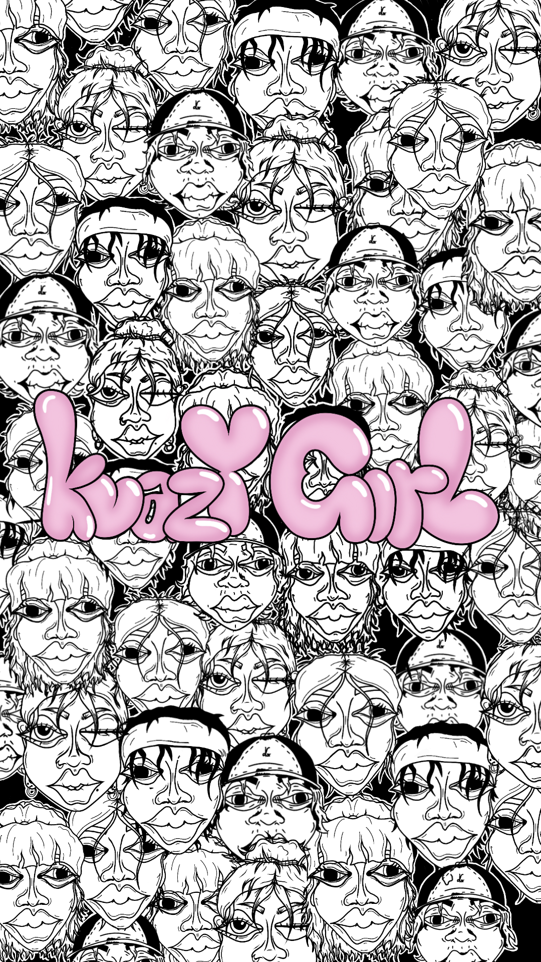 Black and white illustration featuring multiple faces of women with various hairstyles, some wearing glasses and hats. Overlaid in pink, bubble-style text reads "Kizz Girl" with a pink heart in place of the letter "i" in "Kizz".