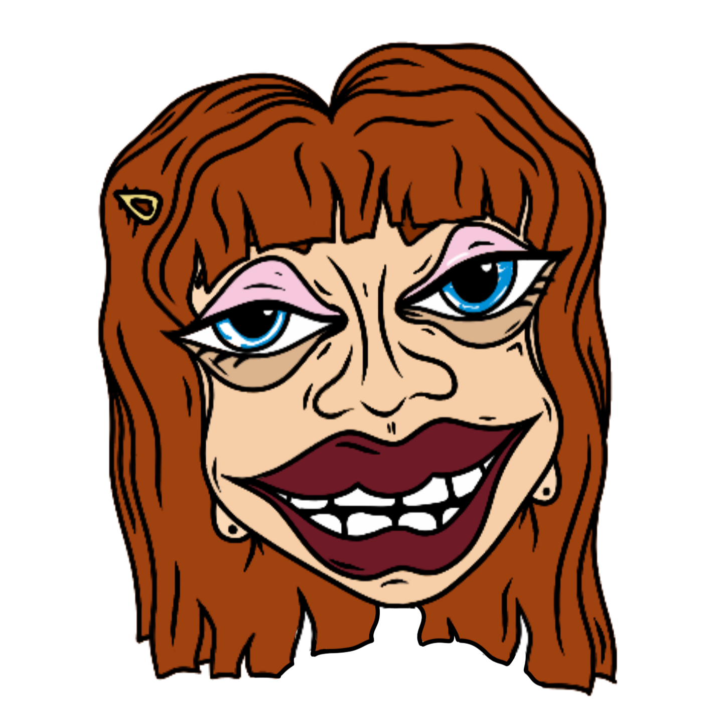 A cartoonish face of a crooked woman with long, wavy red hair, blue eyes, dark lipstick, and an unsettling smile.