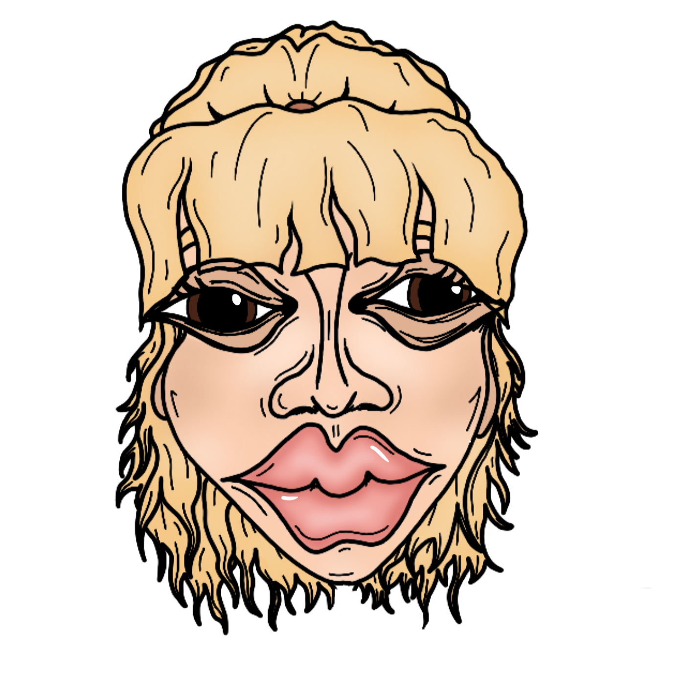Drawing of a person's face with exaggerated features, including large lips, dark eyes with heavy eyelids, and blonde hair, on a black background.