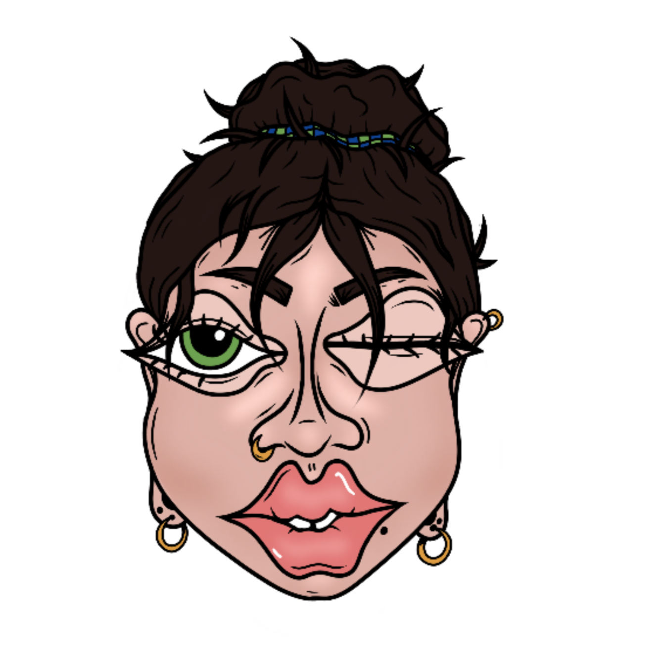 Cartoon illustration of a person's face with brown hair in a messy bun, green eyes, thick black eyebrows, multiple earrings, and exaggerated facial features, winking with one eye, sticking out their tongue, with a nose ring and a lip piercing, set against a black background.