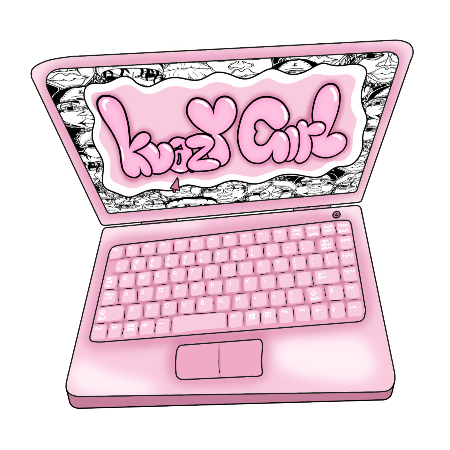 A pink laptop with a black and white doodle background on the screen and the words 'kawaii' and 'girl' written in pink bubbly letters with hearts, surrounded by a pink glow.