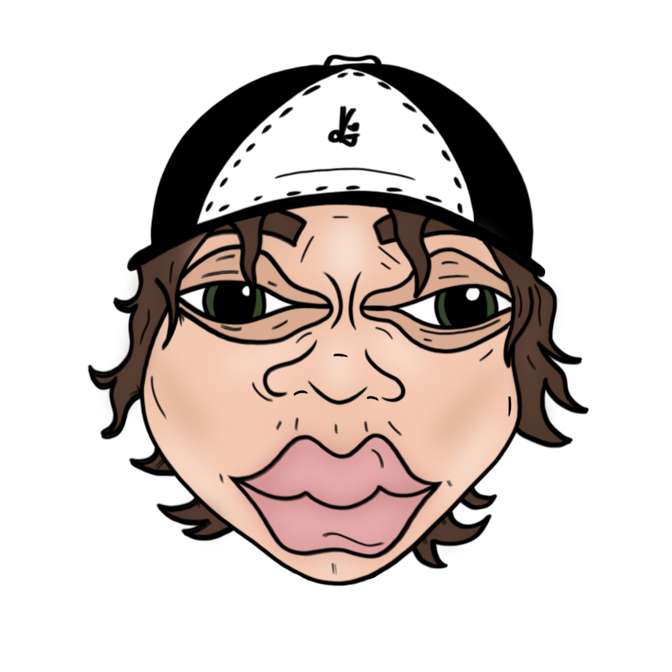 Cartoon caricature of a person with exaggerated facial features, wearing a white cap, with long brown hair, large lips, and green eyes, against a black background.