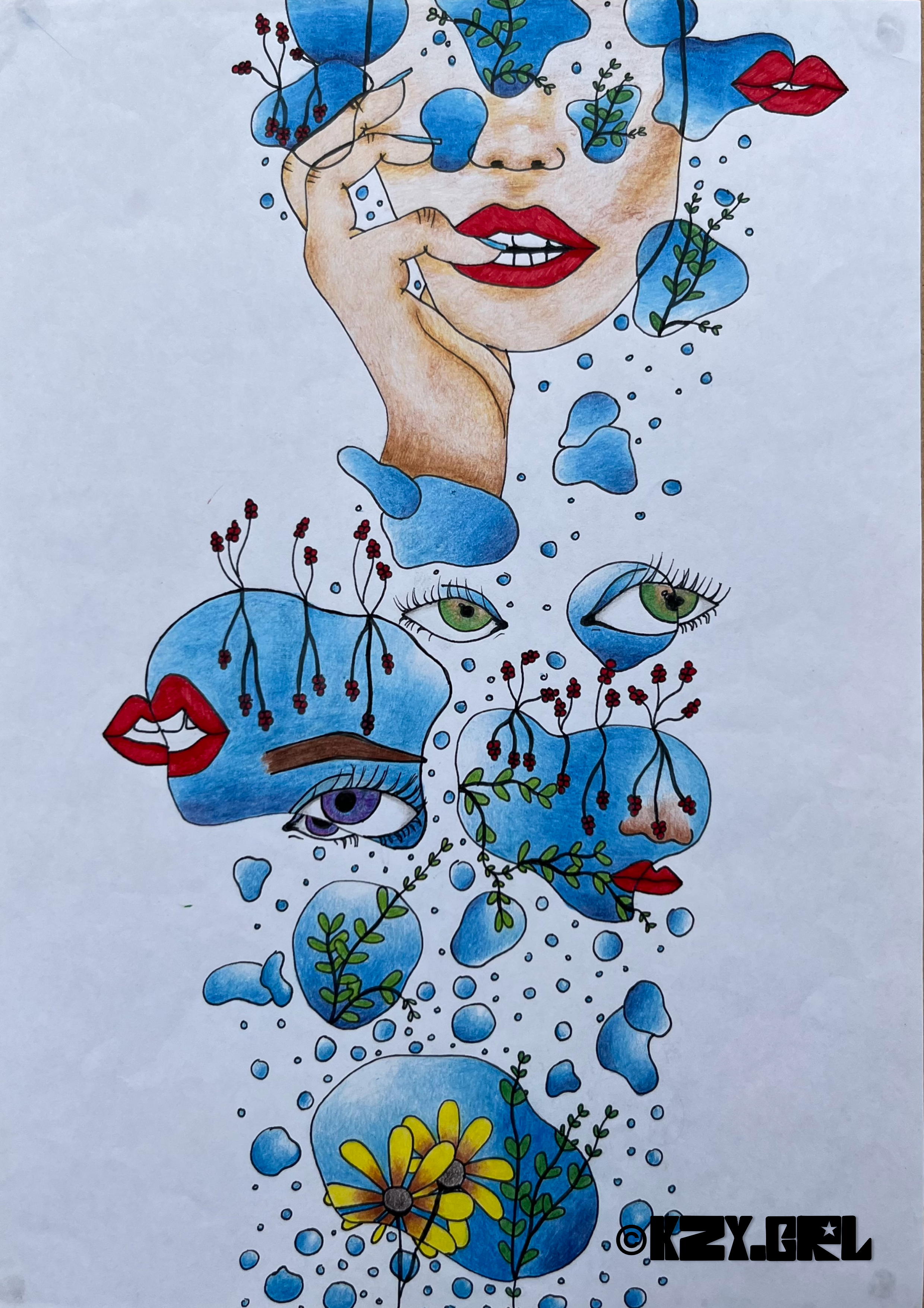 Colorful artwork featuring a woman's face with red lips, and various blue, green, yellow, and purple abstract shapes, eyes, lips, and flowers interconnected with branches and splashes of paint.