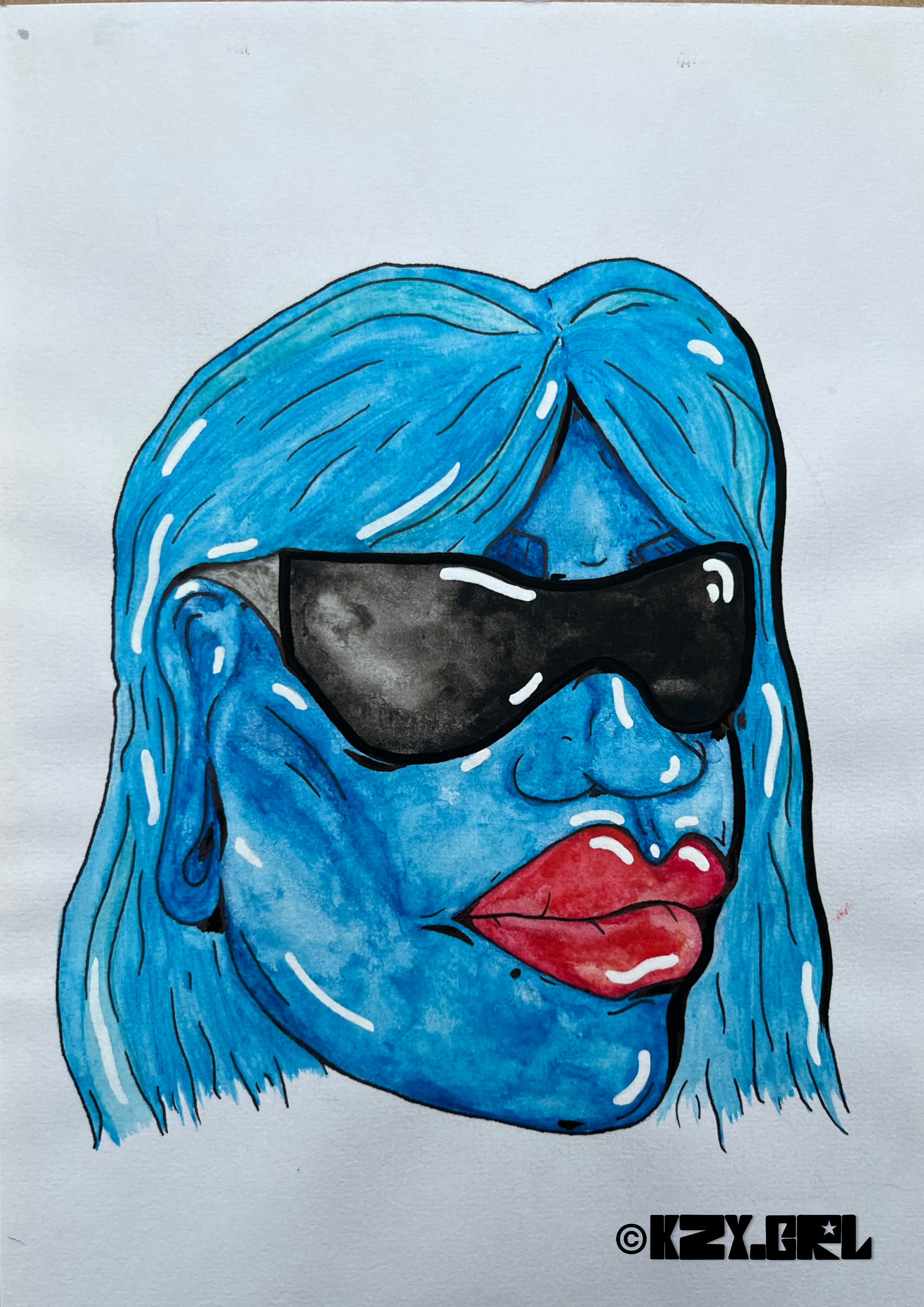 A colorful illustration of a woman with long blue hair wearing dark sunglasses, with red lips and a blue face.