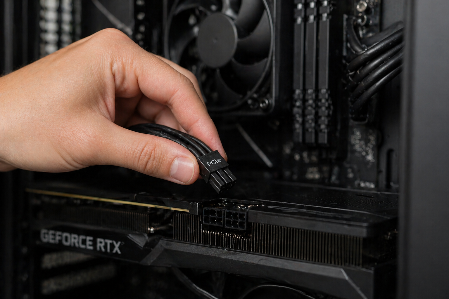 Persoon plaatst een PCIe-onderdeel in de motherboard van een desktop computer, met een grafische kaart GEFORCE RTX zichtbaar onderaan.