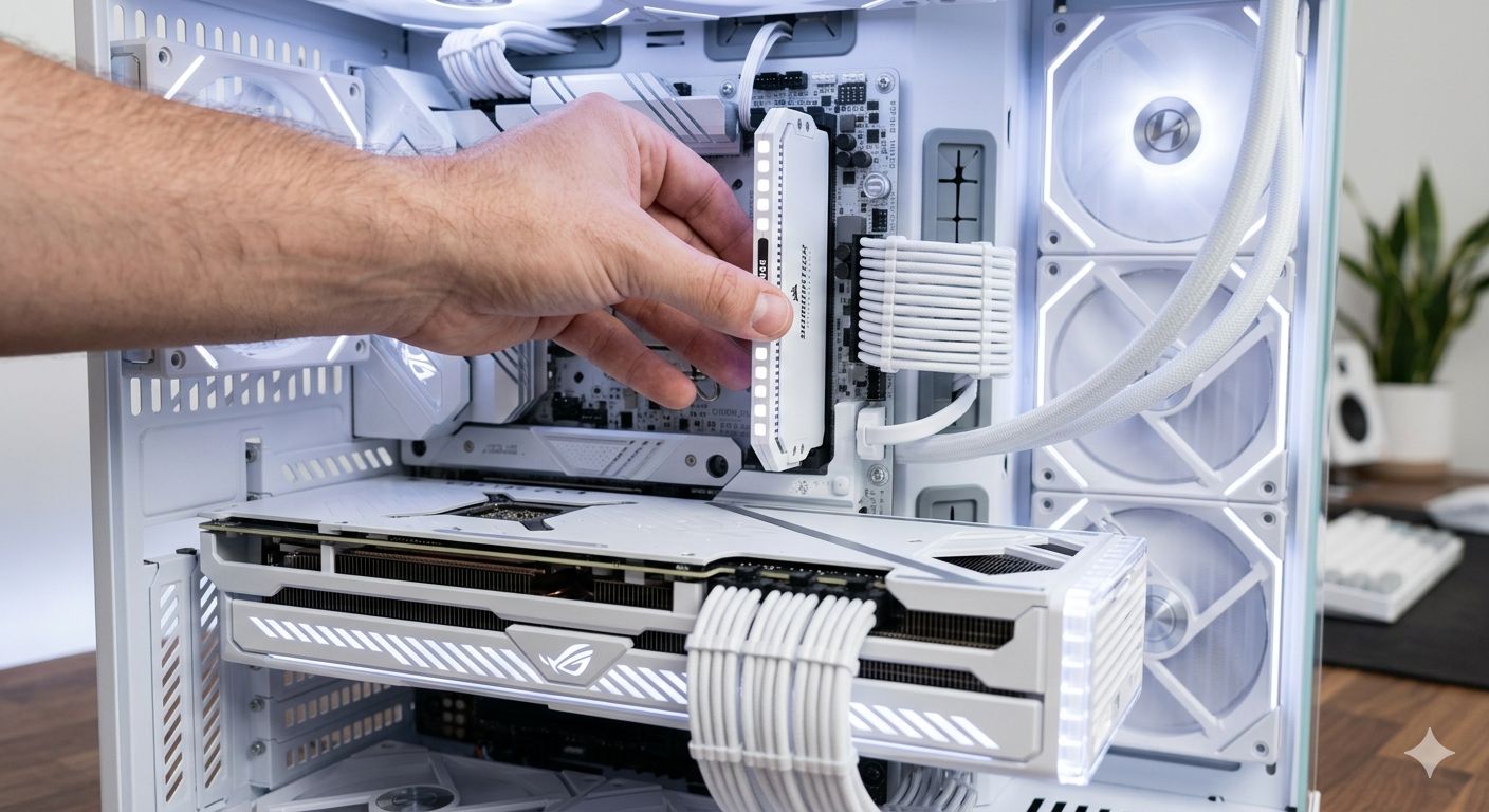 Persoon plaatst RAM-module in een witte desktop computer met waterkoeling en verlichte ventilatoren.