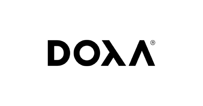 The image displays the logo for DOMA, with the brand name written in bold black letters against a speckled black-and-white background.