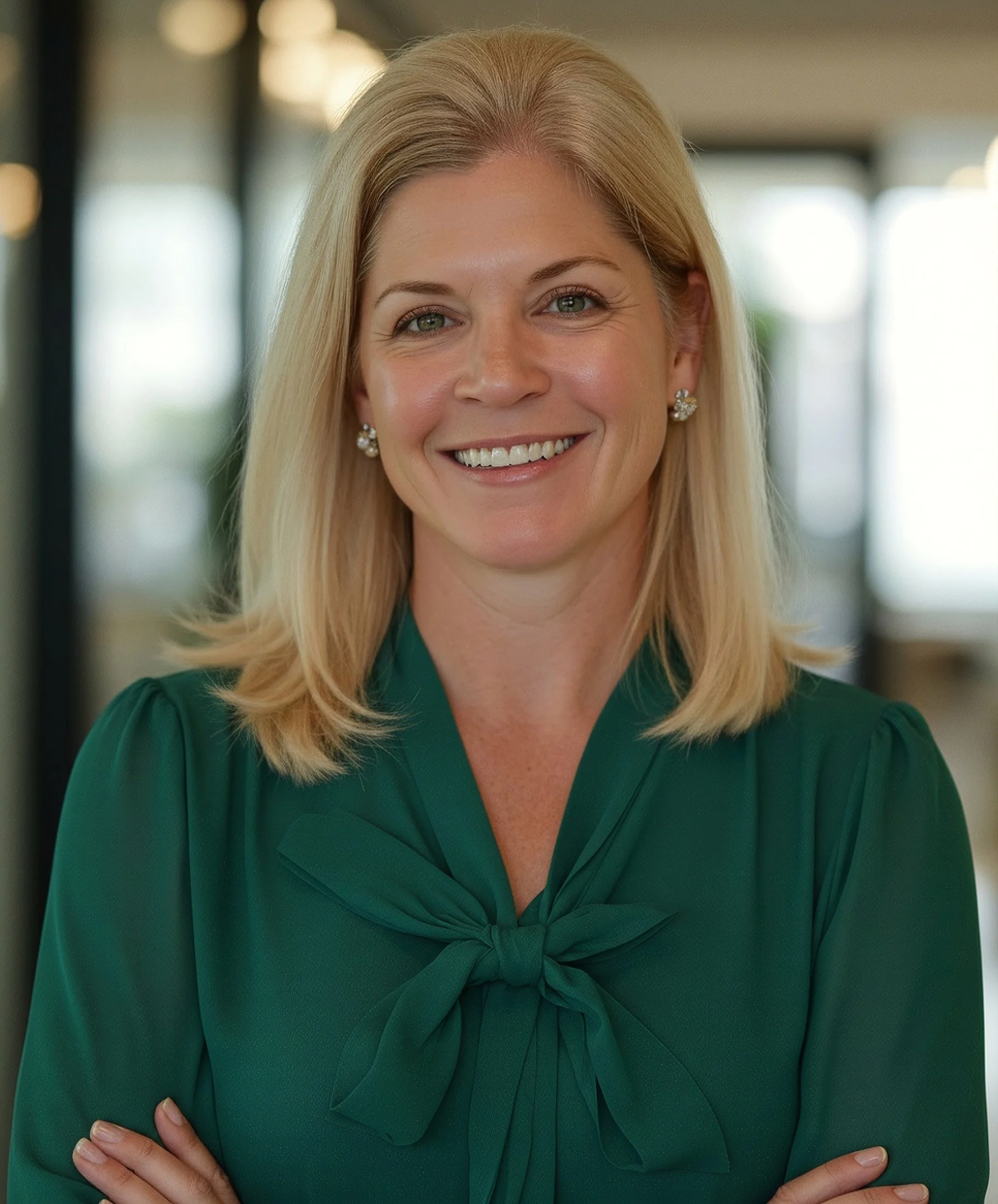Close-up of a smiling woman with blonde hair, wearing earrings and a green blouse with a tie at the neck, standing indoors with blurred lights in the background.