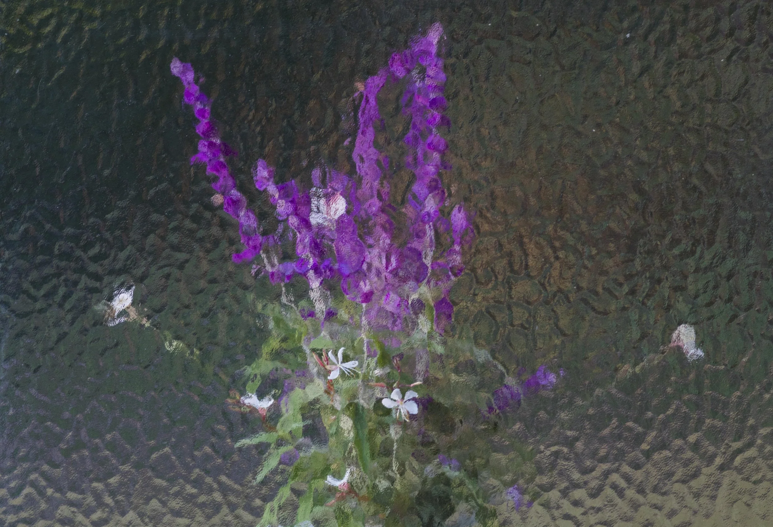 A painting of purple flowers with green leaves on a textured dark background.