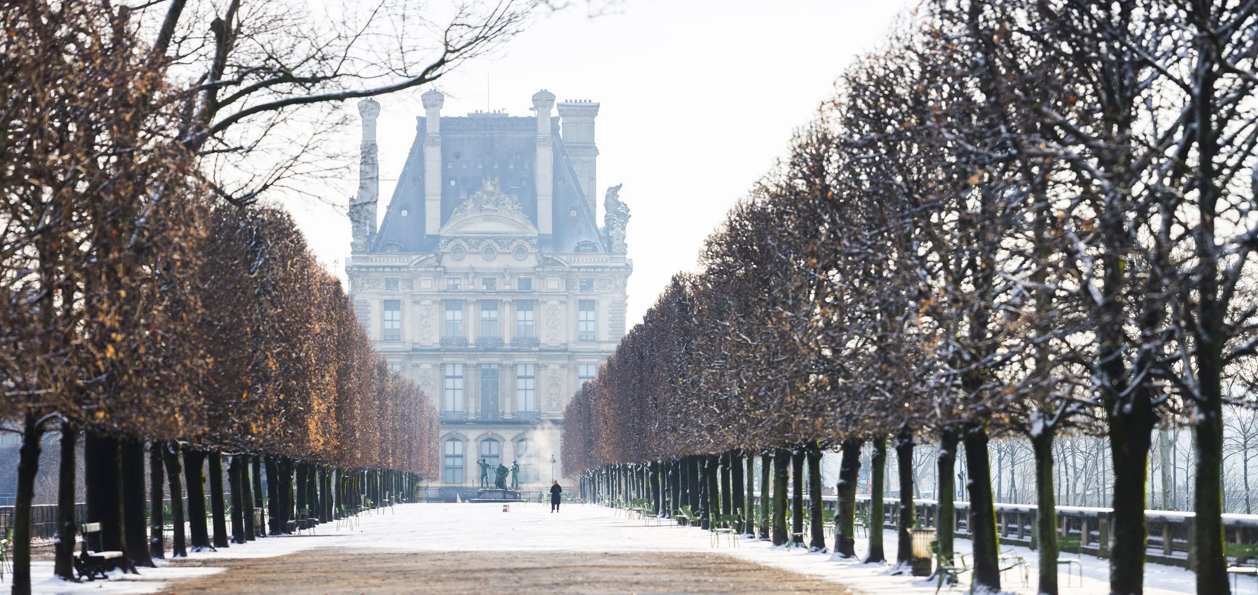 A snowy pathway framed by leafless trees on both sides leading to a historic building in the background.