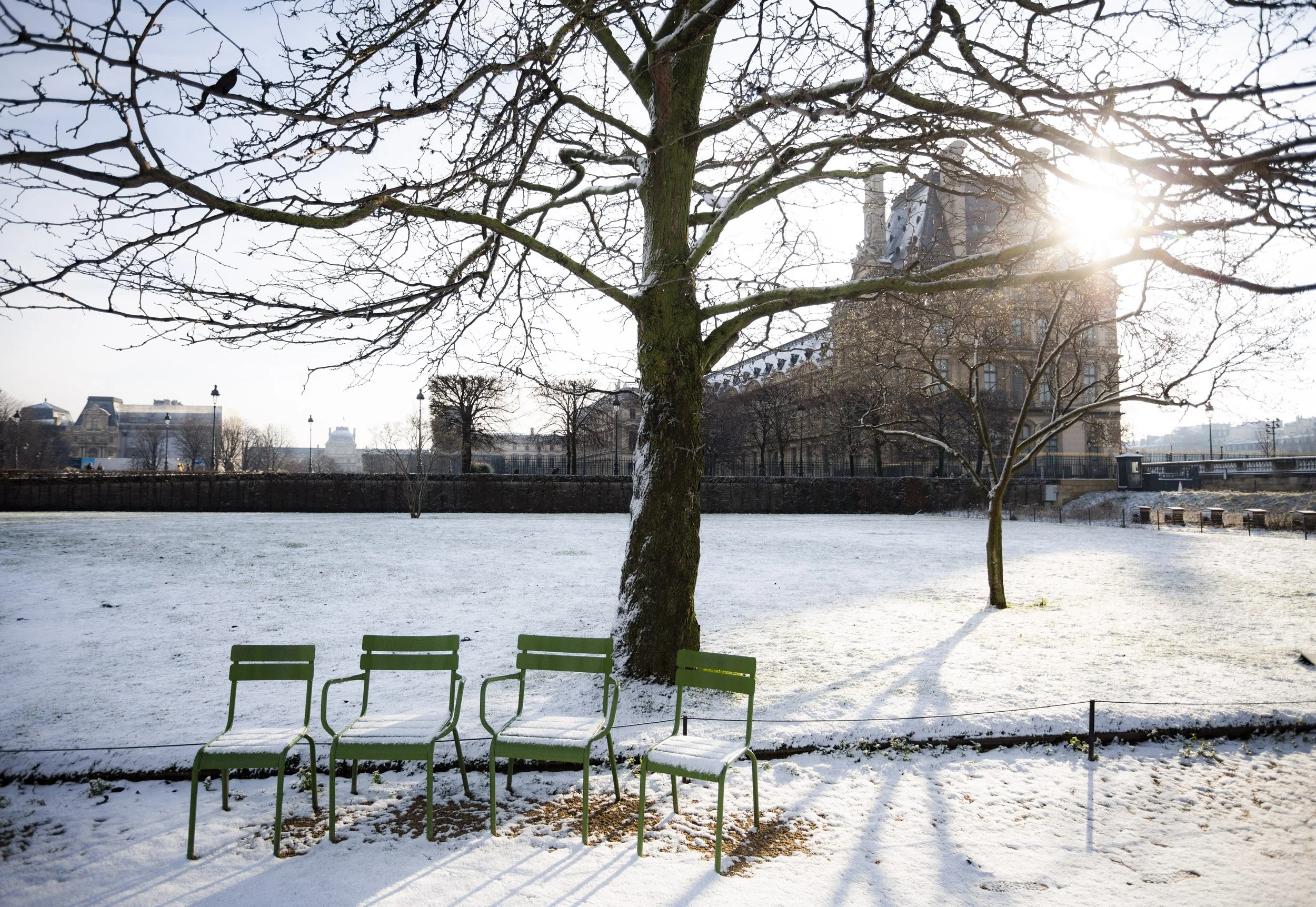 A snow-covered park with four green chairs arranged in a row along a fence, a leafless tree in the foreground, and historic buildings including a castle-style structure in the background, with the sun shining through the branches.