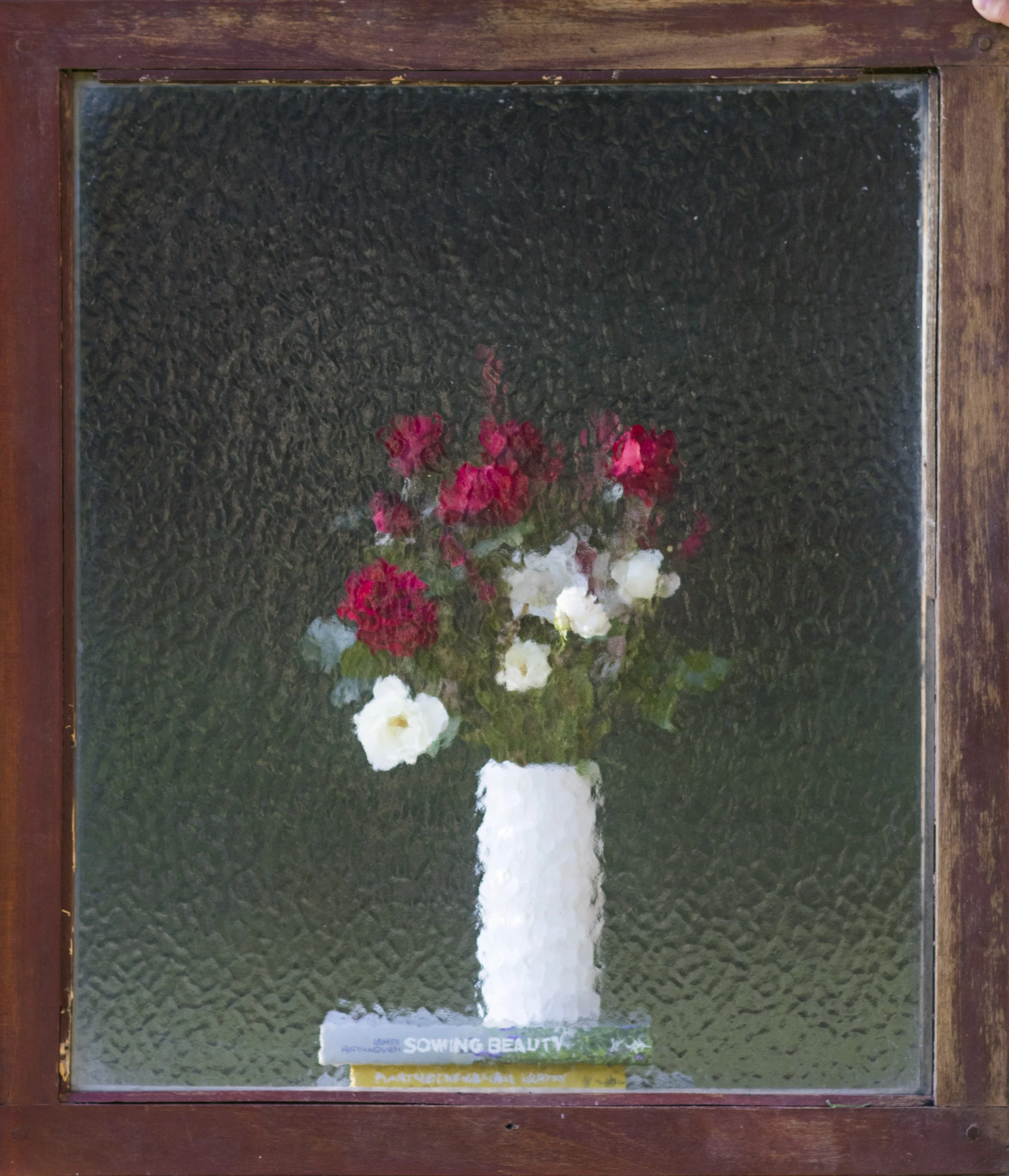 A framed picture on a wall displaying a reflection of trees and sky in textured glass, with red and white flowers below.