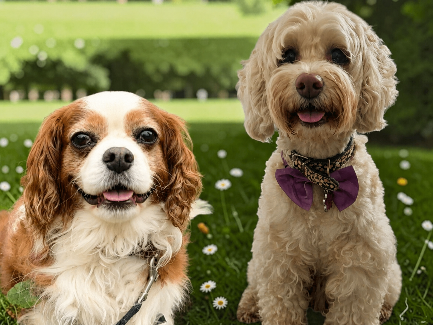 Two dogs, a Cavalier King Charles Spaniel and a poodle, sitting on grass in a park with white daisies and green trees in the background.