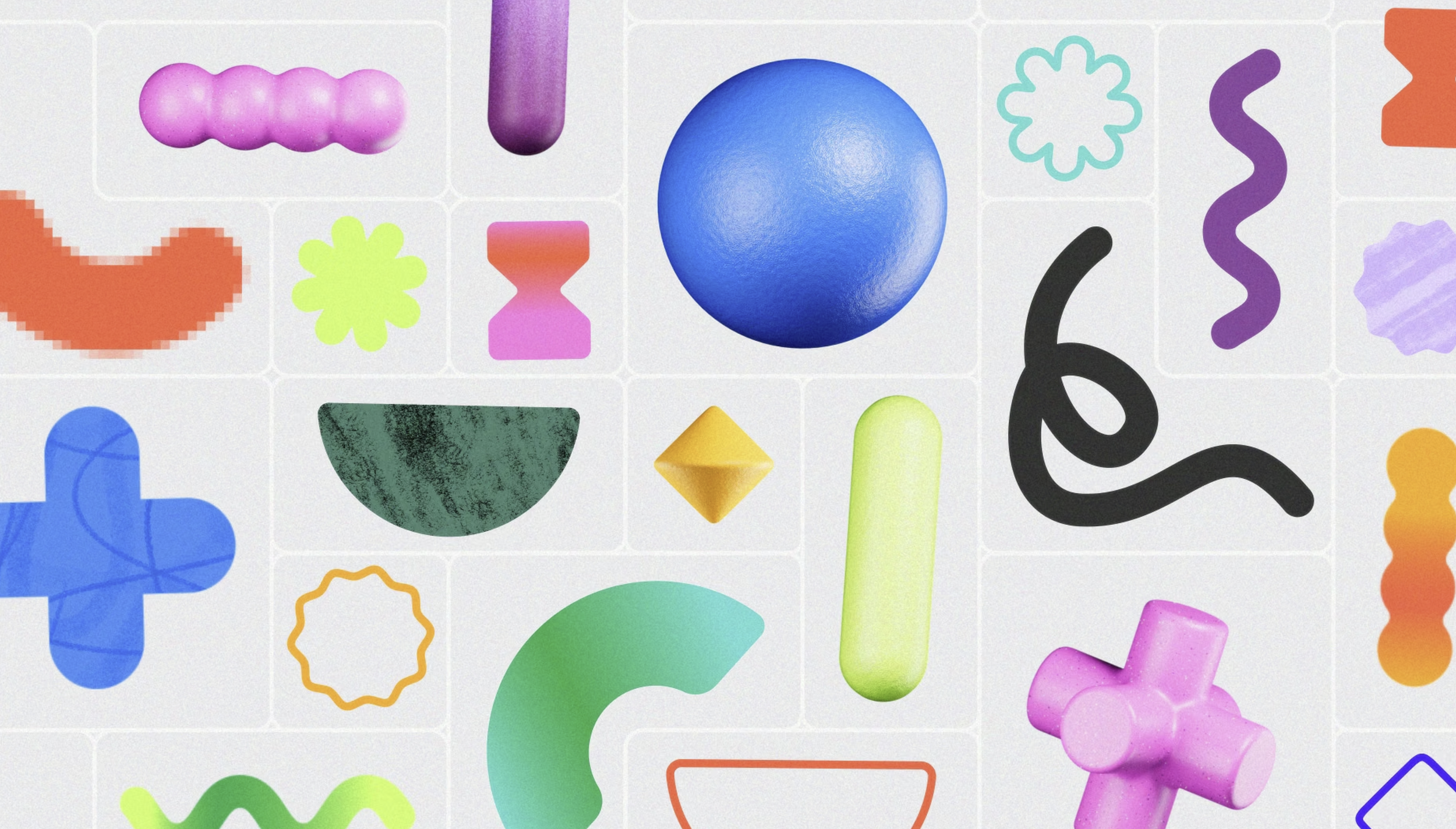 Styleframe de Cameron Defrates Penelon, studio Parallel. Collection d'objets graphiques et formes colorées sur un fond blanc, y compris des sphères, des formes géométriques, des lignes ondulées et des contours en différentes couleurs.
