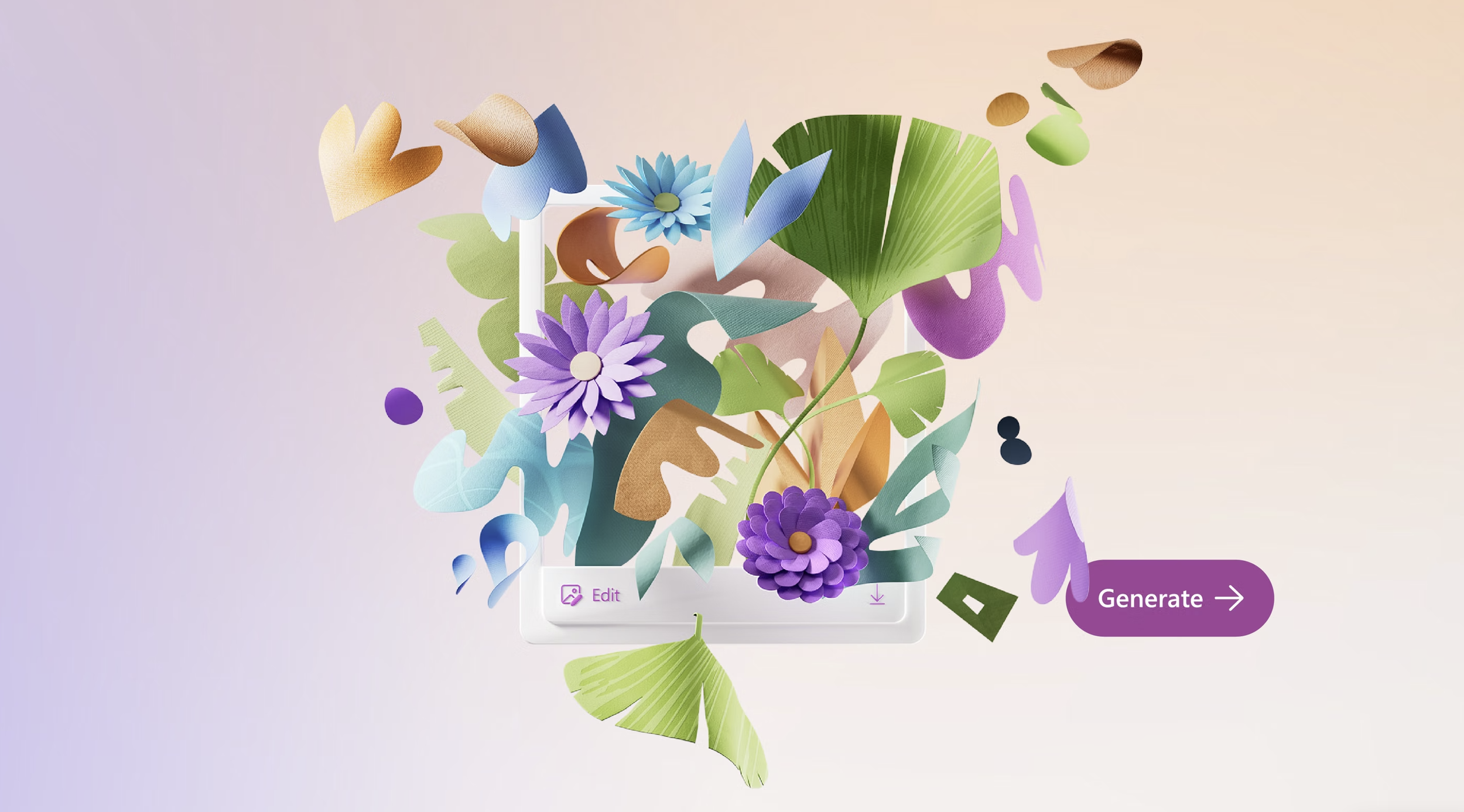 Styleframe de Julie Maubé, studio NotReal. Image numérique de fleurs colorées et de feuilles en 3D sortant d'un smartphone, avec boutons 'Edit' et 'Generate' à l'écran.