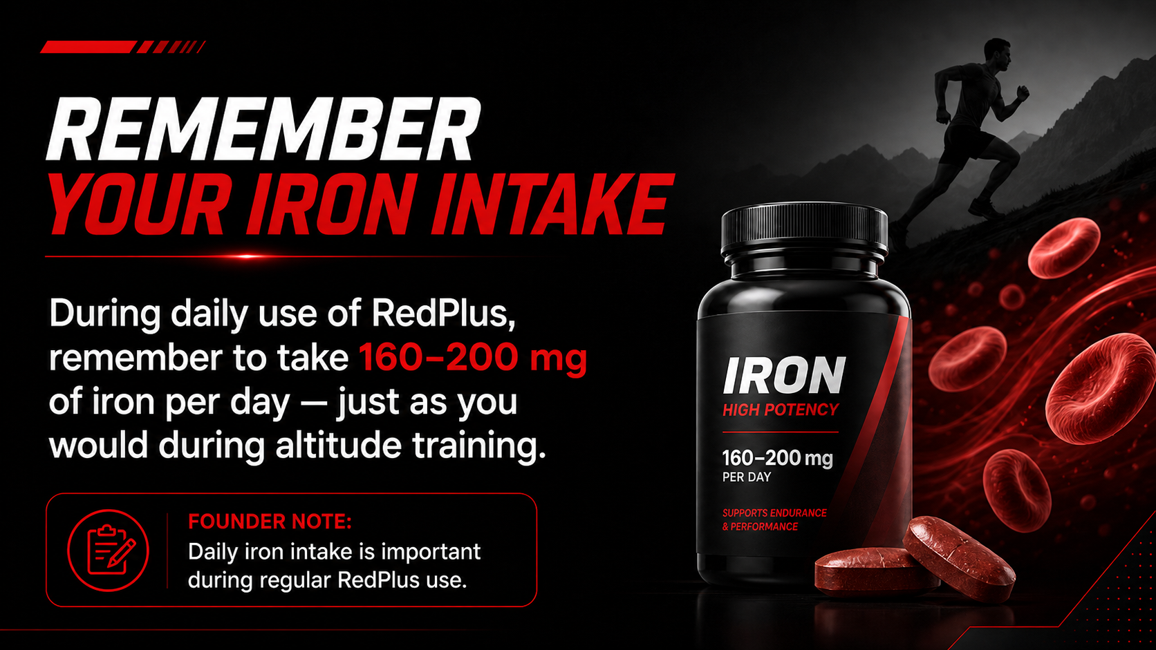 RedPlus iron intake reminder for athletes using hypoxic training to support red blood cell adaptation and endurance performance.
