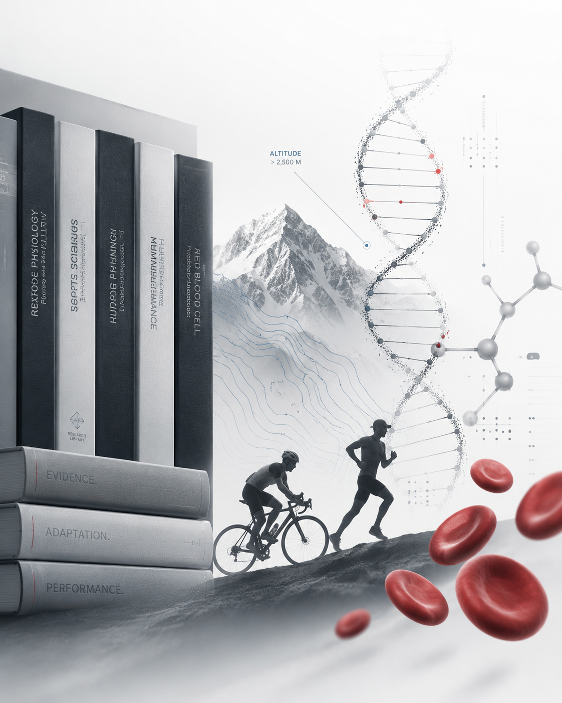 Science-themed RedPlus image with runners, cyclists, mountains, DNA and red blood cells for endurance performance research.