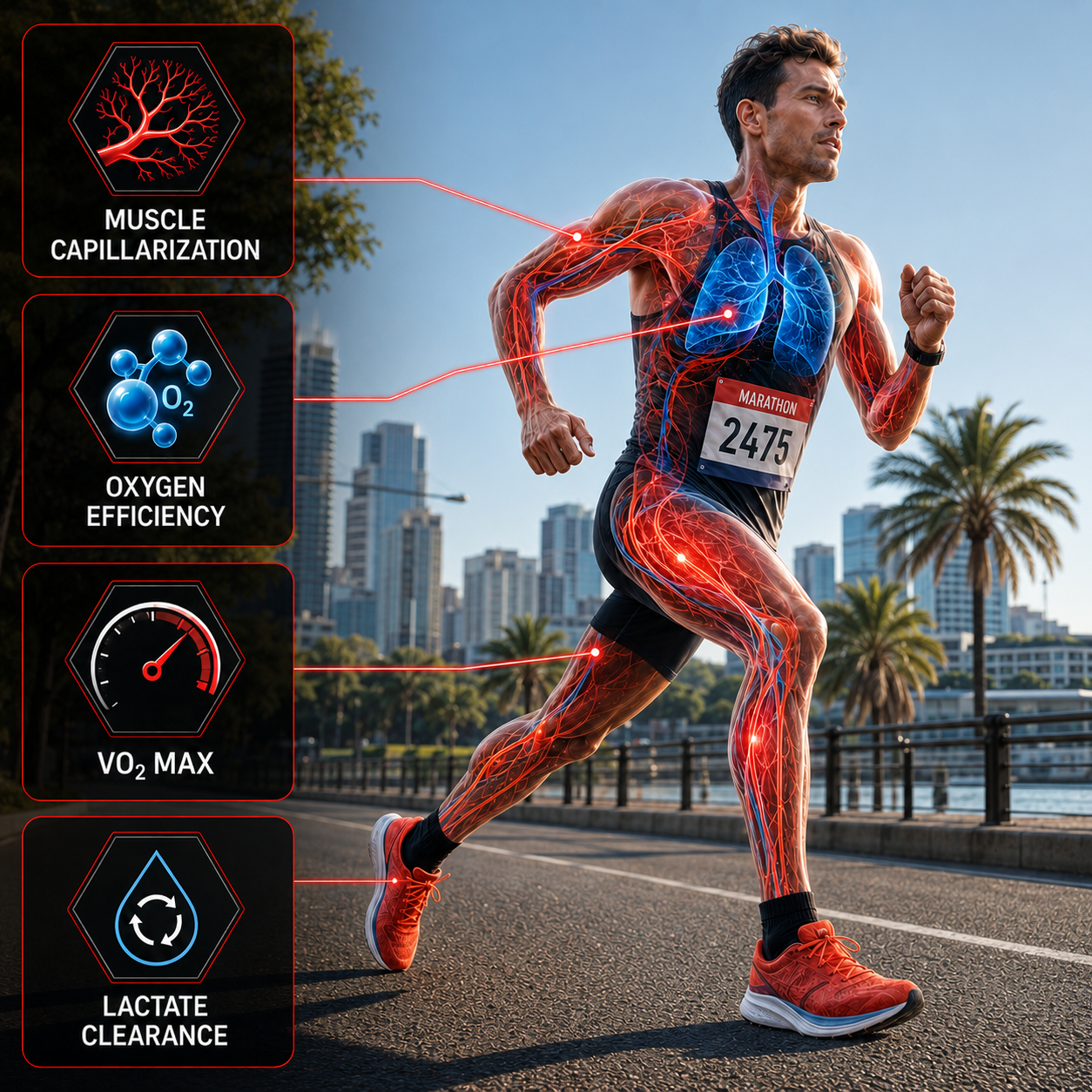 An illustration of a male marathon runner with highlighted muscles, lungs, and circulatory system, against a cityscape background. On the left, four icons with labels indicate muscle capillarization, oxygen efficiency, VO2 max, and lactate clearance.