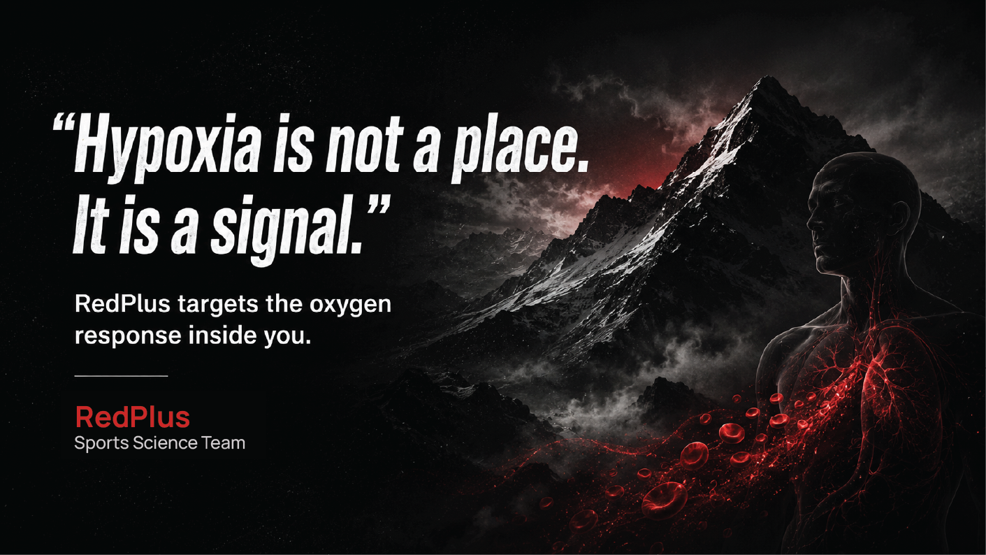 A dark mountain landscape with a human silhouette showing internal red blood vessels and lungs, alongside a quote about hypoxia, and text promoting RedPlus oxygen therapy by the Sports Science Team.