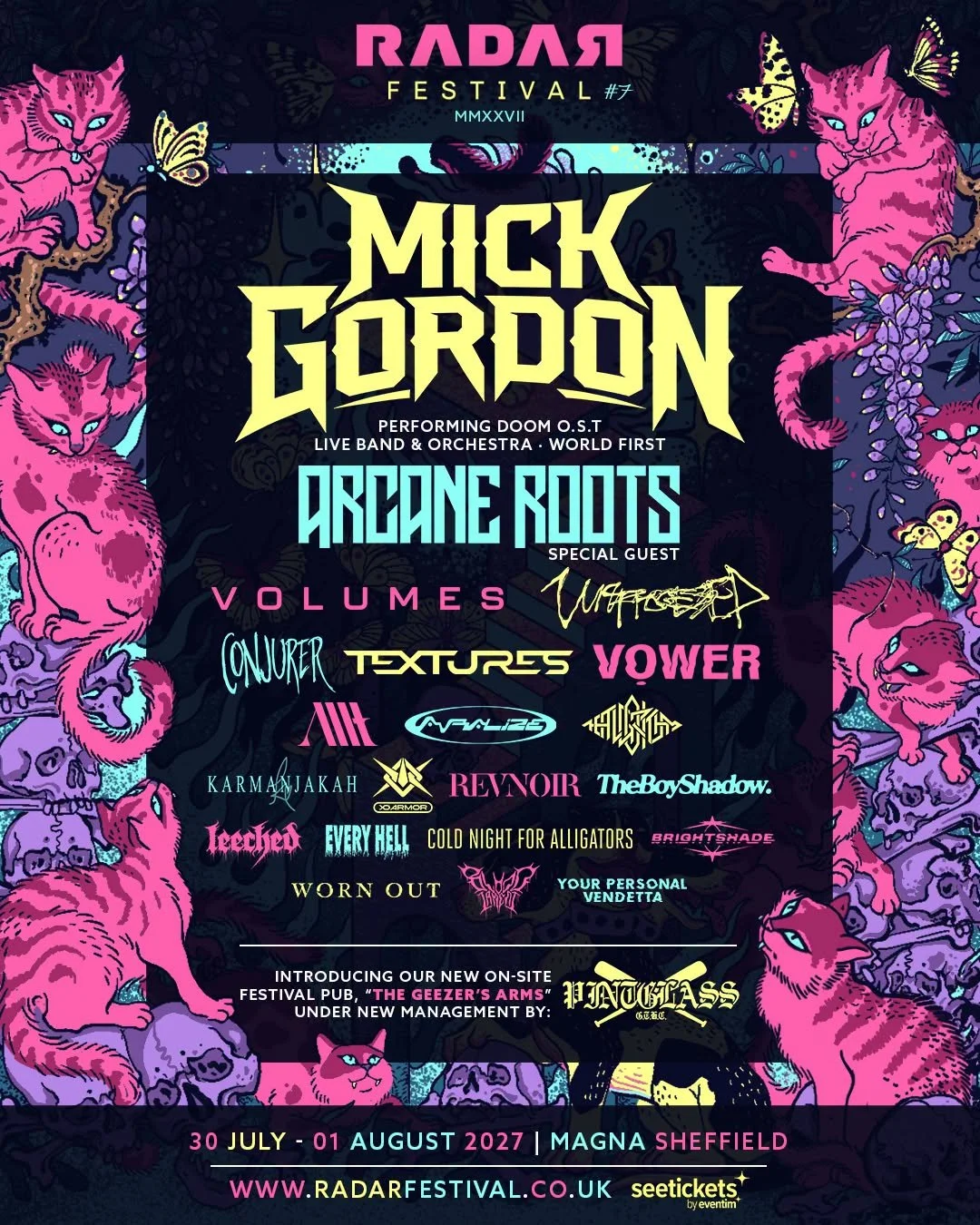RADAR Festival 2027 line-up poster featuring Mick Gordon, Arcane Roots, Volumes, Unprocessed, Textures, Vower and more.