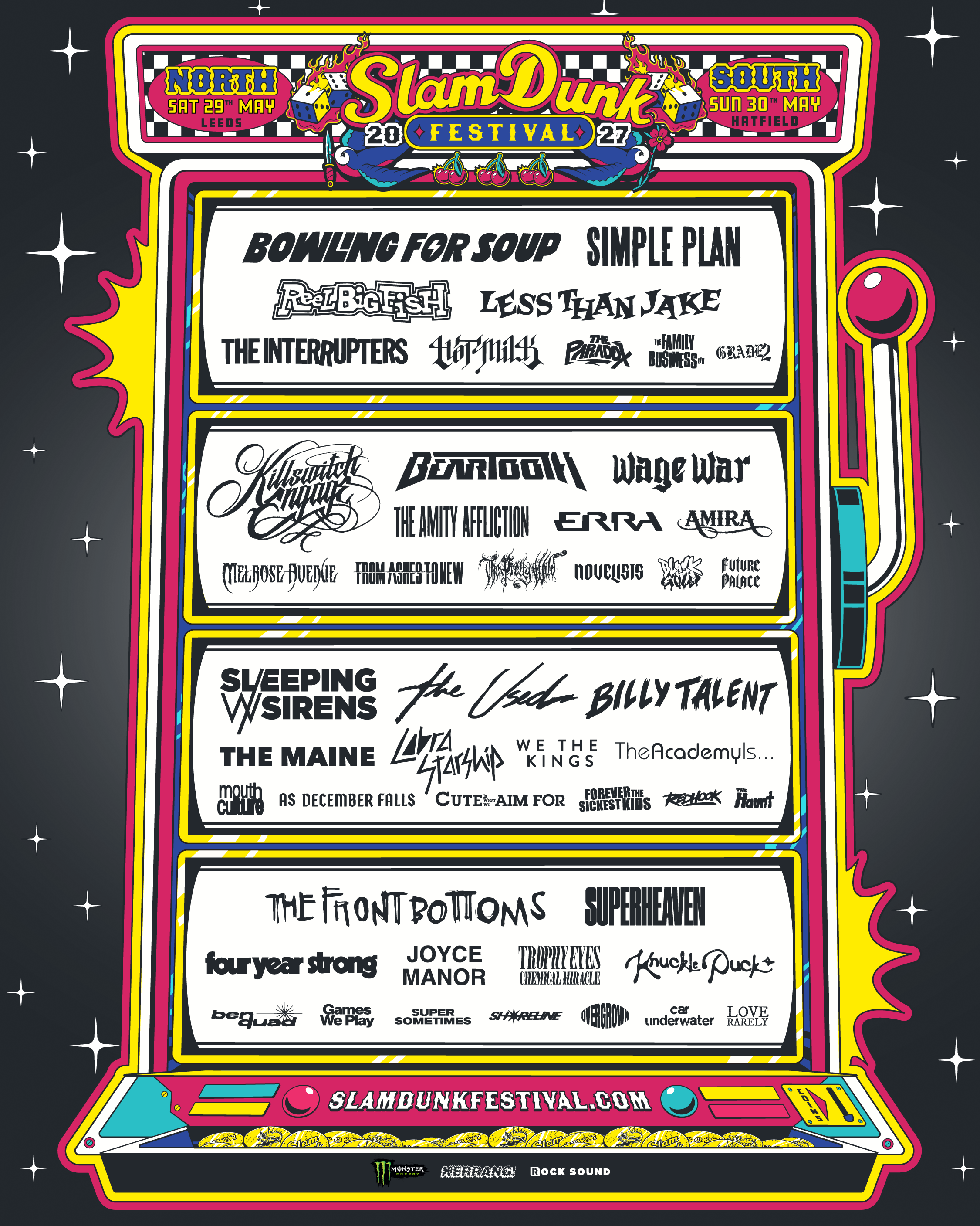 Slam Dunk Festival 2027 line-up poster, with Bowling For Soup and Simple Plan at the top and additions including Billy Talent, Cobra Starship and Superheaven.