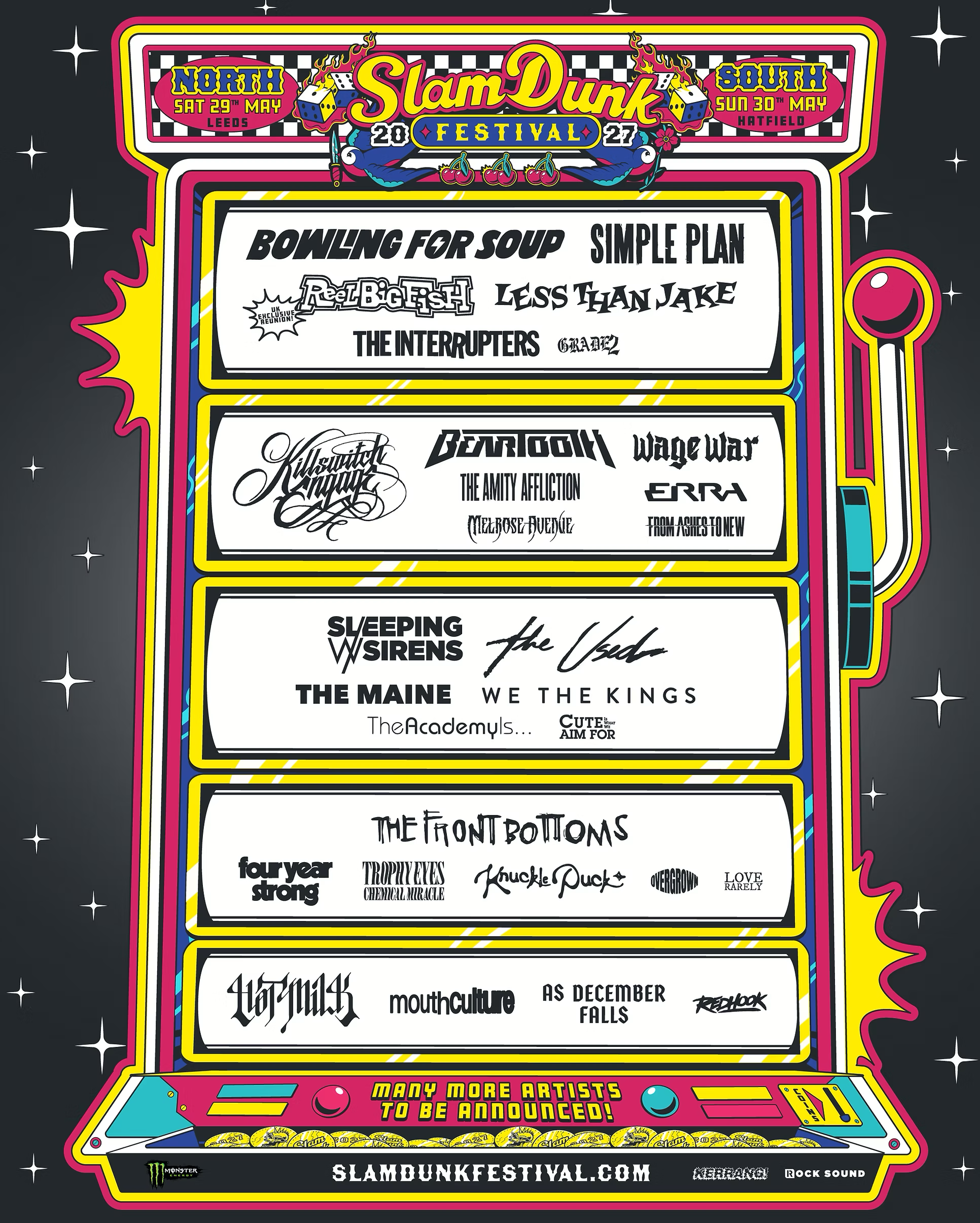 Slam Dunk Festival 2027 first line-up poster featuring Bowling For Soup, Simple Plan, Killswitch Engage and Reel Big Fish.