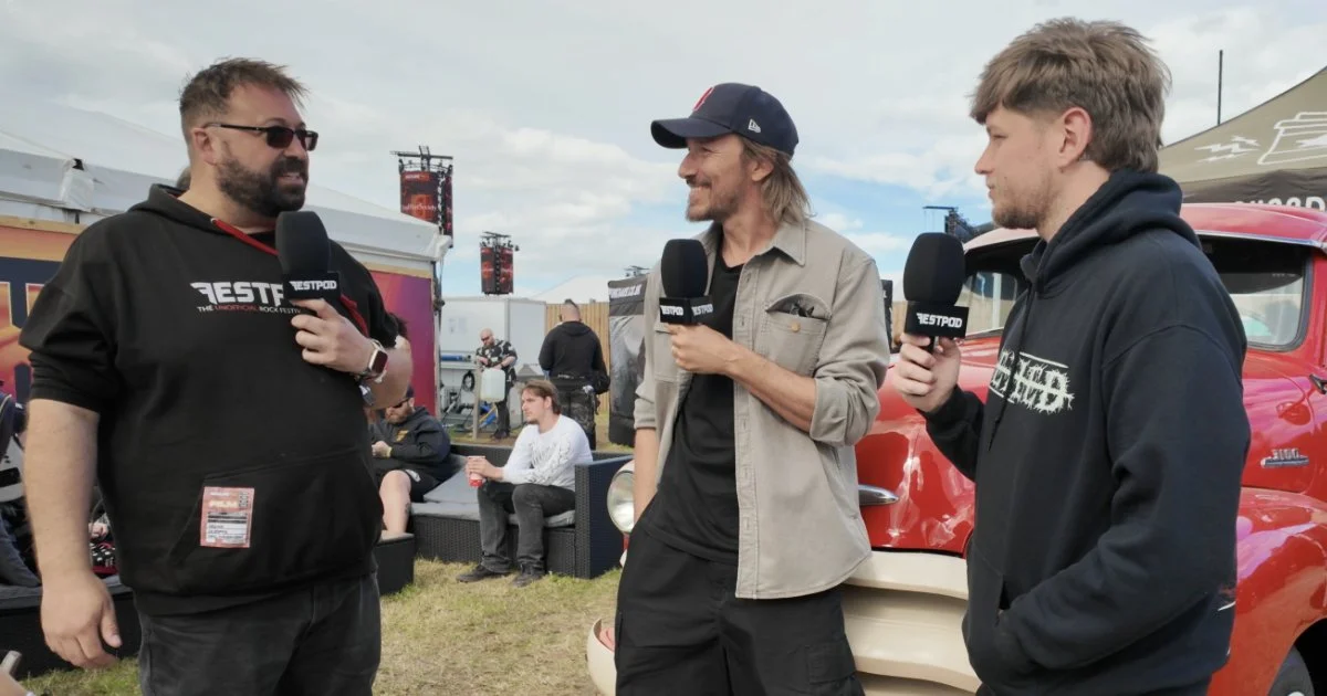 Rockin’1000 founder Fabio Zaffagnini speaking during a Festpod interview at Download Festival 2026.