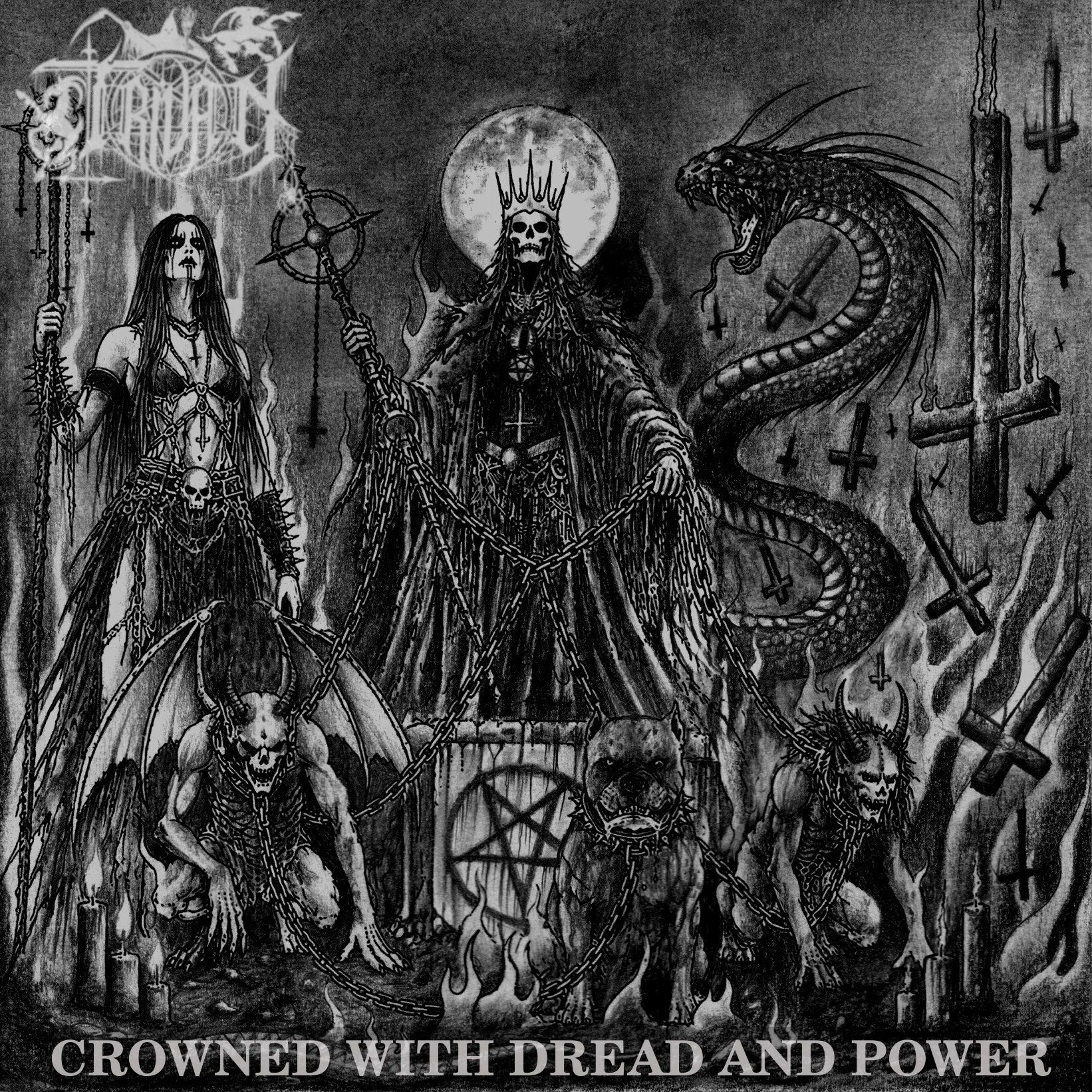 Monochrome cover artwork featuring a crowned skeleton, a serpent and chained creatures, with the title Crowned with Dread and Power.