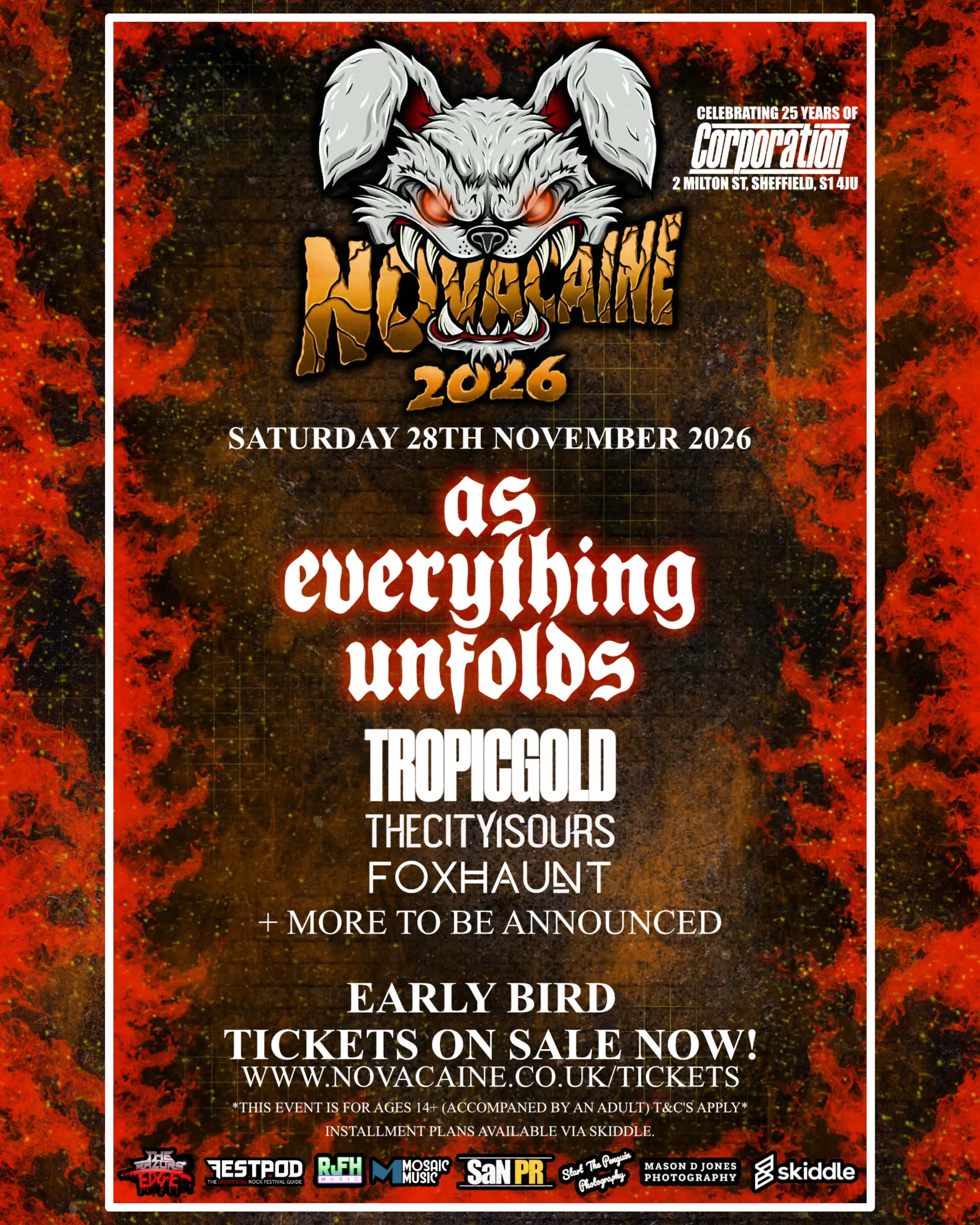 Novacaine Festival 2026 lineup poster - first wave of bands