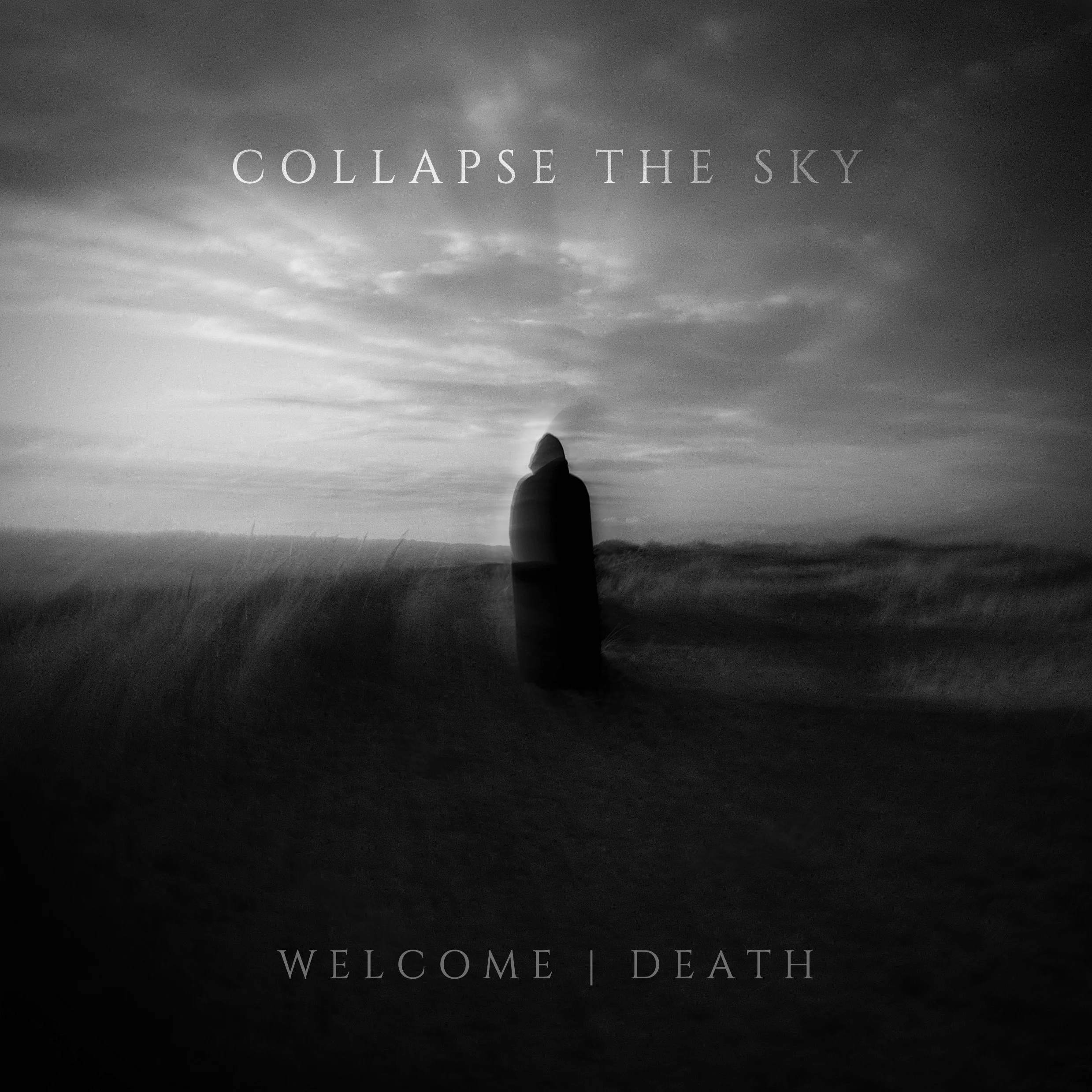 Artwork for Collapse the Sky's Welcome | Death EP, showing a solitary hooded figure beneath a cloudy sky in a monochrome landscape.