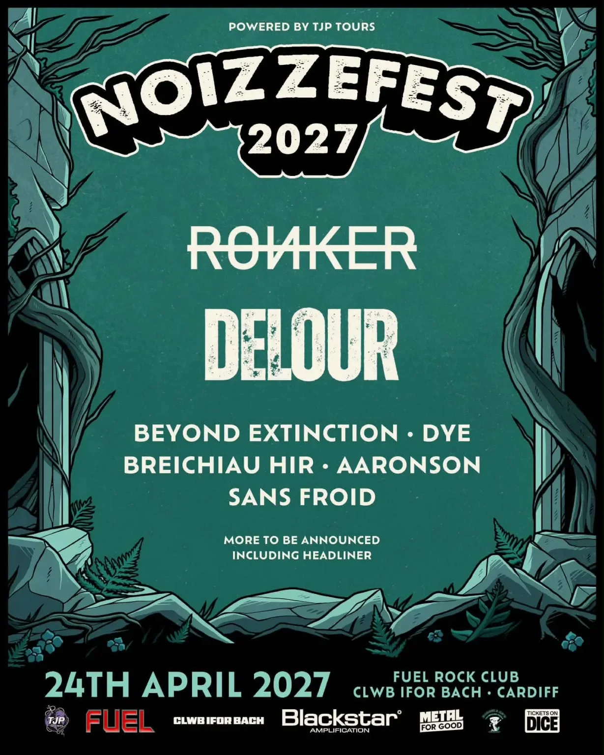 Noizzefest 2027 first-wave poster featuring Ronker, De'Lour, Beyond Extinction, Dye, Breichiau Hir, AARONSON and Sans Froid.