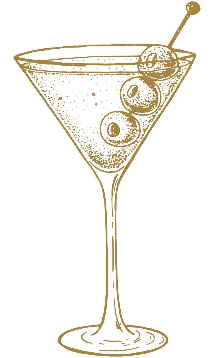 Illustration dorée d'un verre à cocktail avec des olives et un pique.