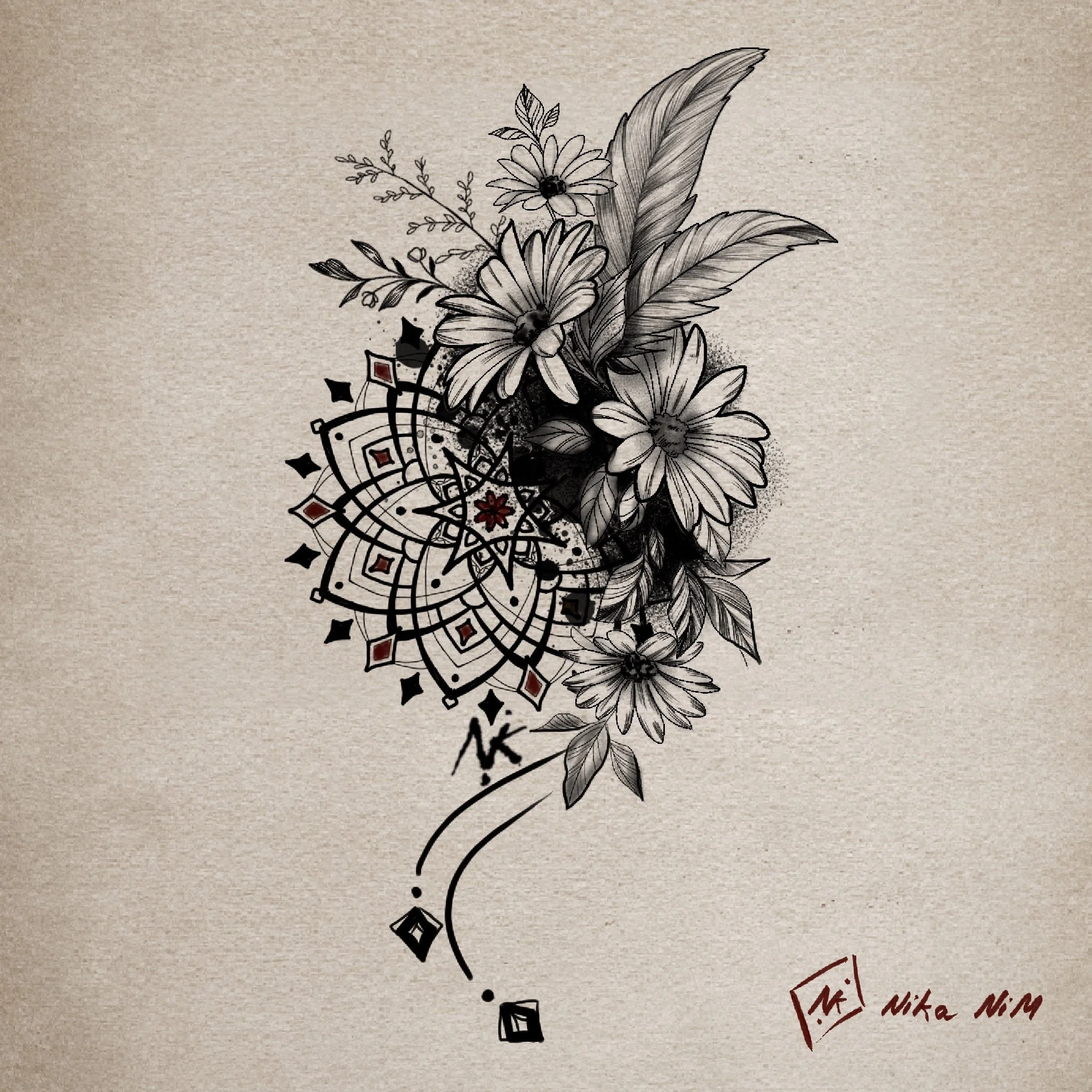 Flower Feder Mandala tattoo design 