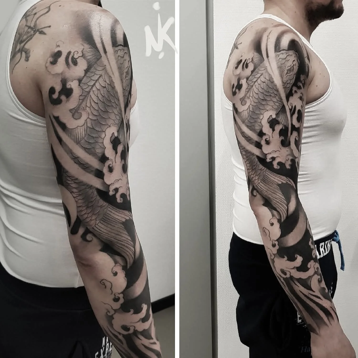 Schwarz-weiße japanisch inspirierten Tattoo auf dem Arm , mit Koi-Fisch und Wolkenmotiven by Nika Nim tattoo Artist in Essen,Dusseldorf