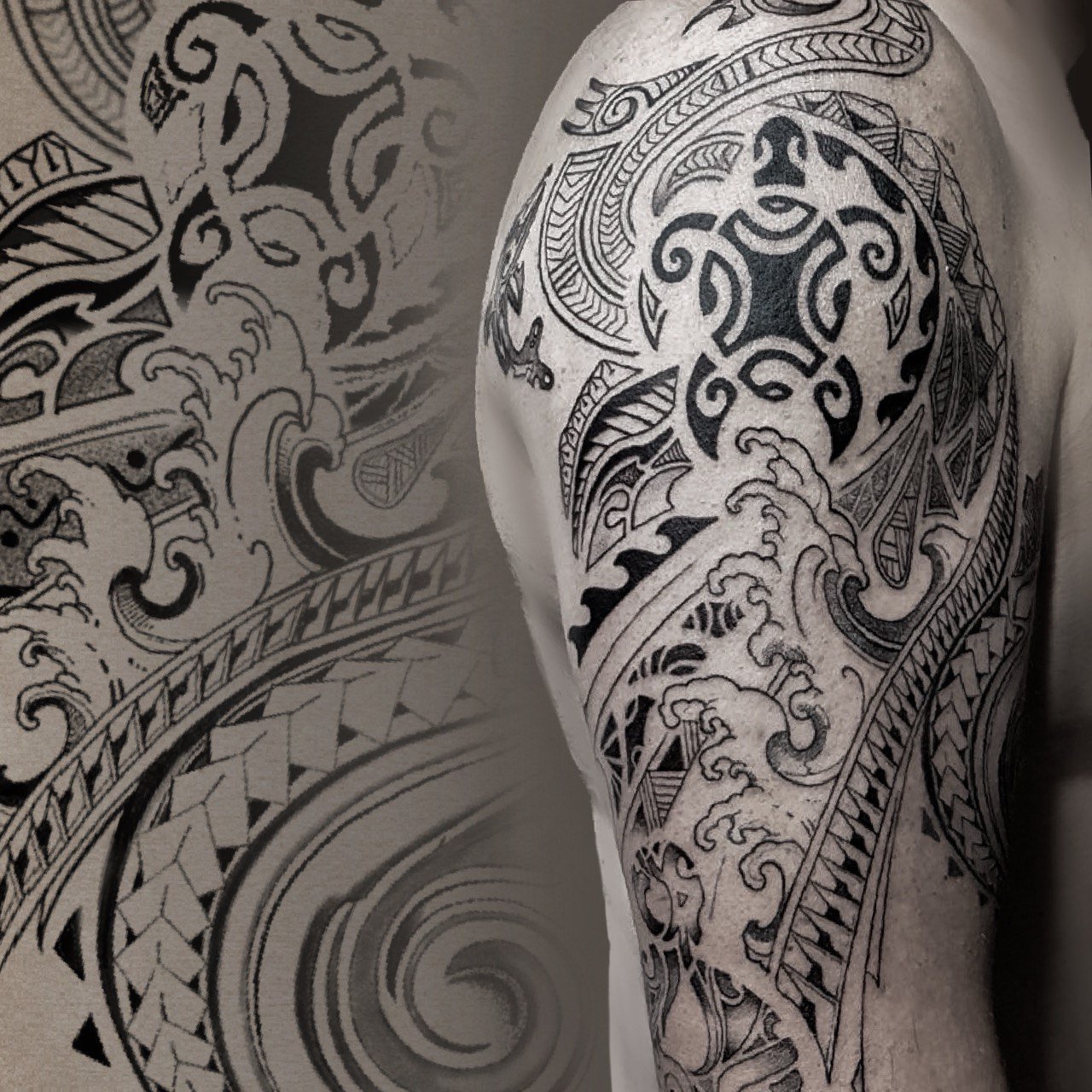 Schwarze Tätowierungen mit tribal- und Polynesischen Tattoo by Nika Nim tattoo Artist in Essen,Dusseldorf