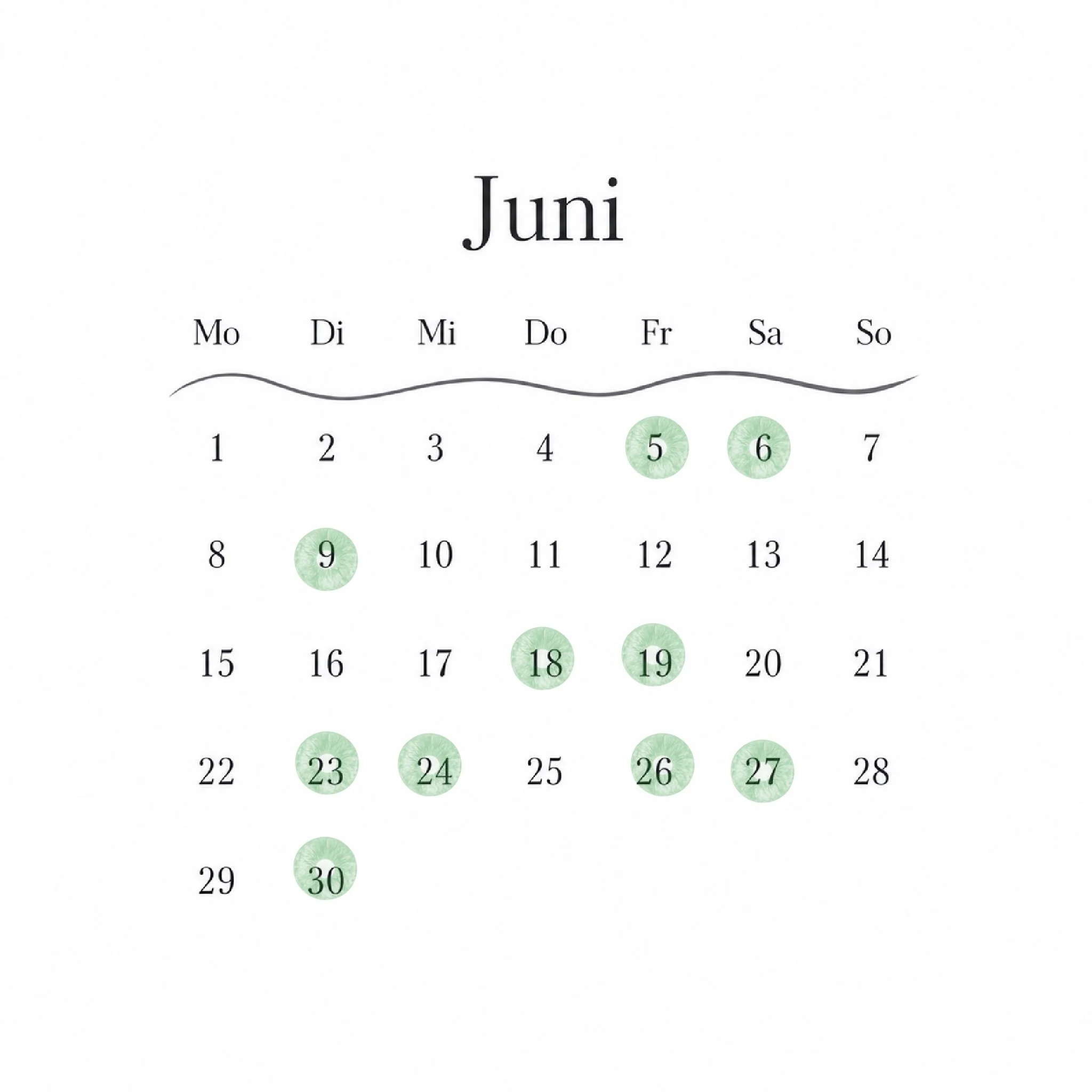 Kalenderblatt für den Monat Juni mit Wochentagen und Tagenummern, hervorgehoben sind die Tage 5, 9, 18, 19 und 30.