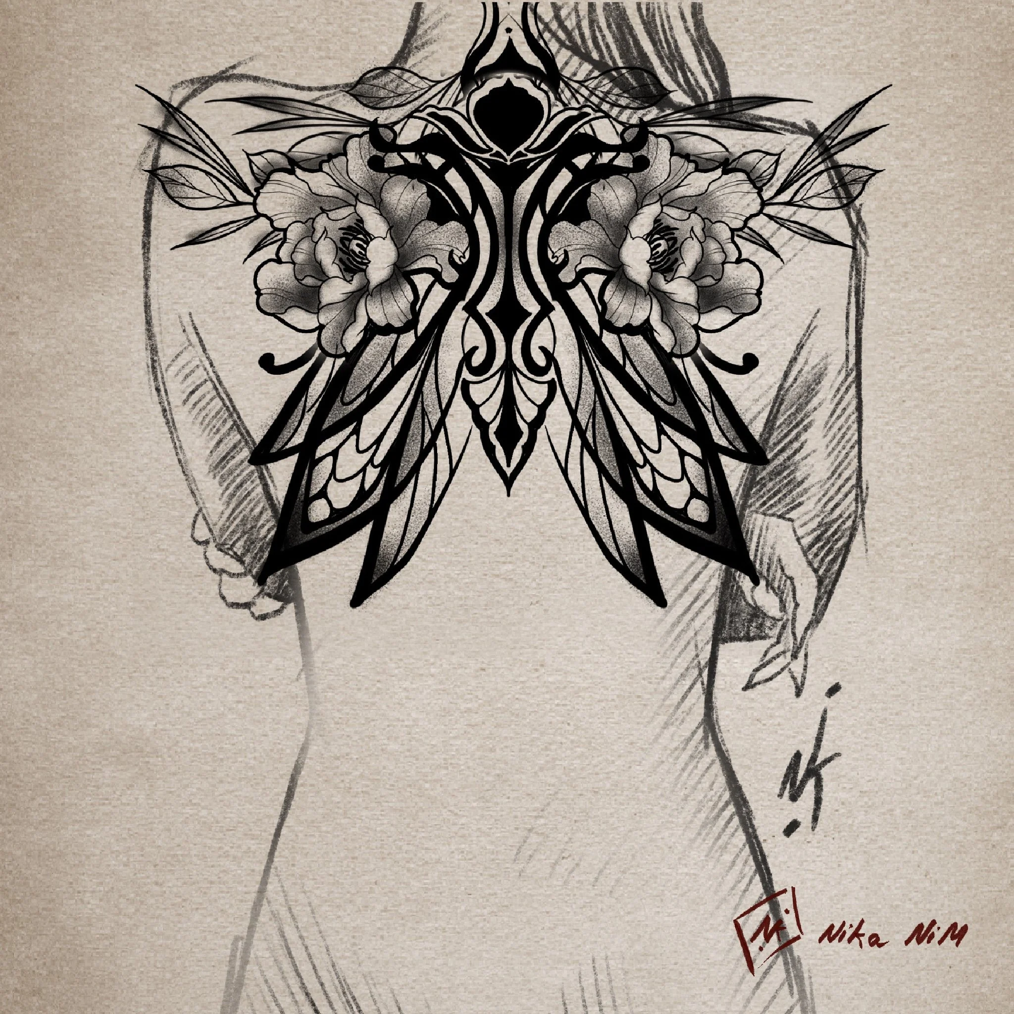 feenflügel blumen rücken tattoo