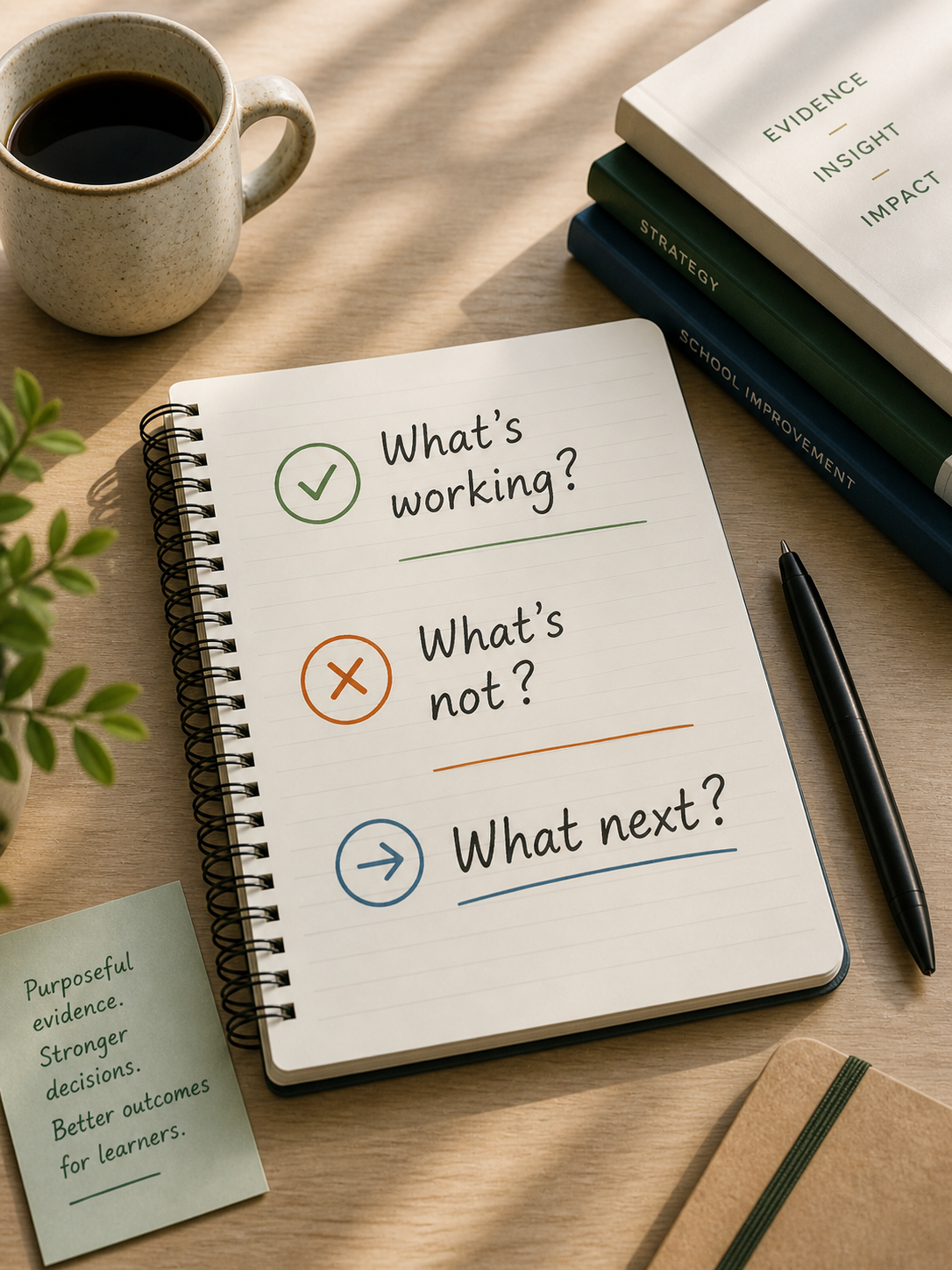 A notebook page with questions: 'What's working?' marked with a check, 'What's not?' marked with a cross, and 'What next?' with an arrow. Surrounding items include a cup of coffee, several stacked books, a pen, a small notebook, and a note with the text: 'Purposeful evidence. Stronger decisions. Better outcomes for learners.' on a wooden desk.
